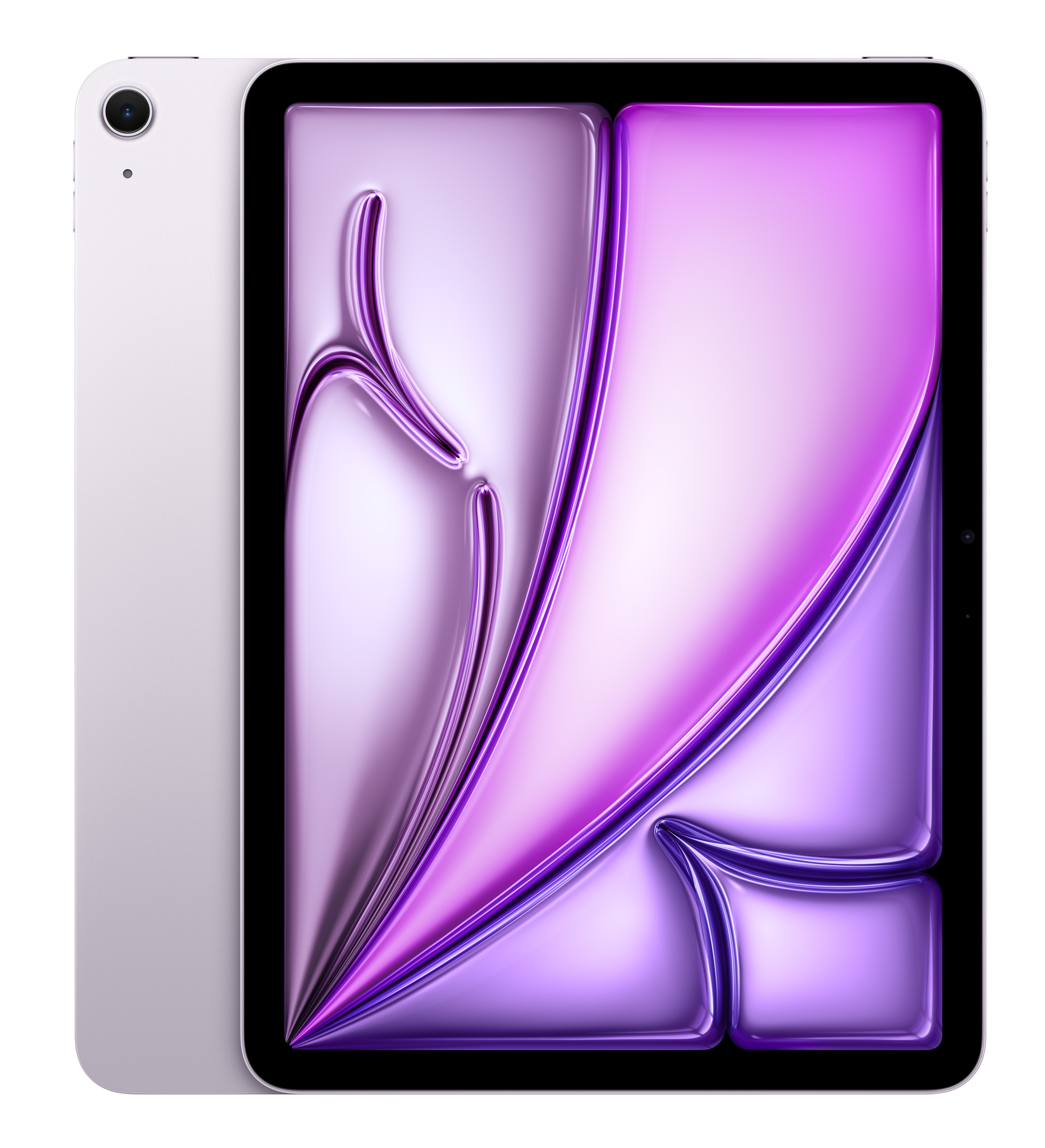 Srebrny tablet z fioletowym, abstrakcyjnym tłem.