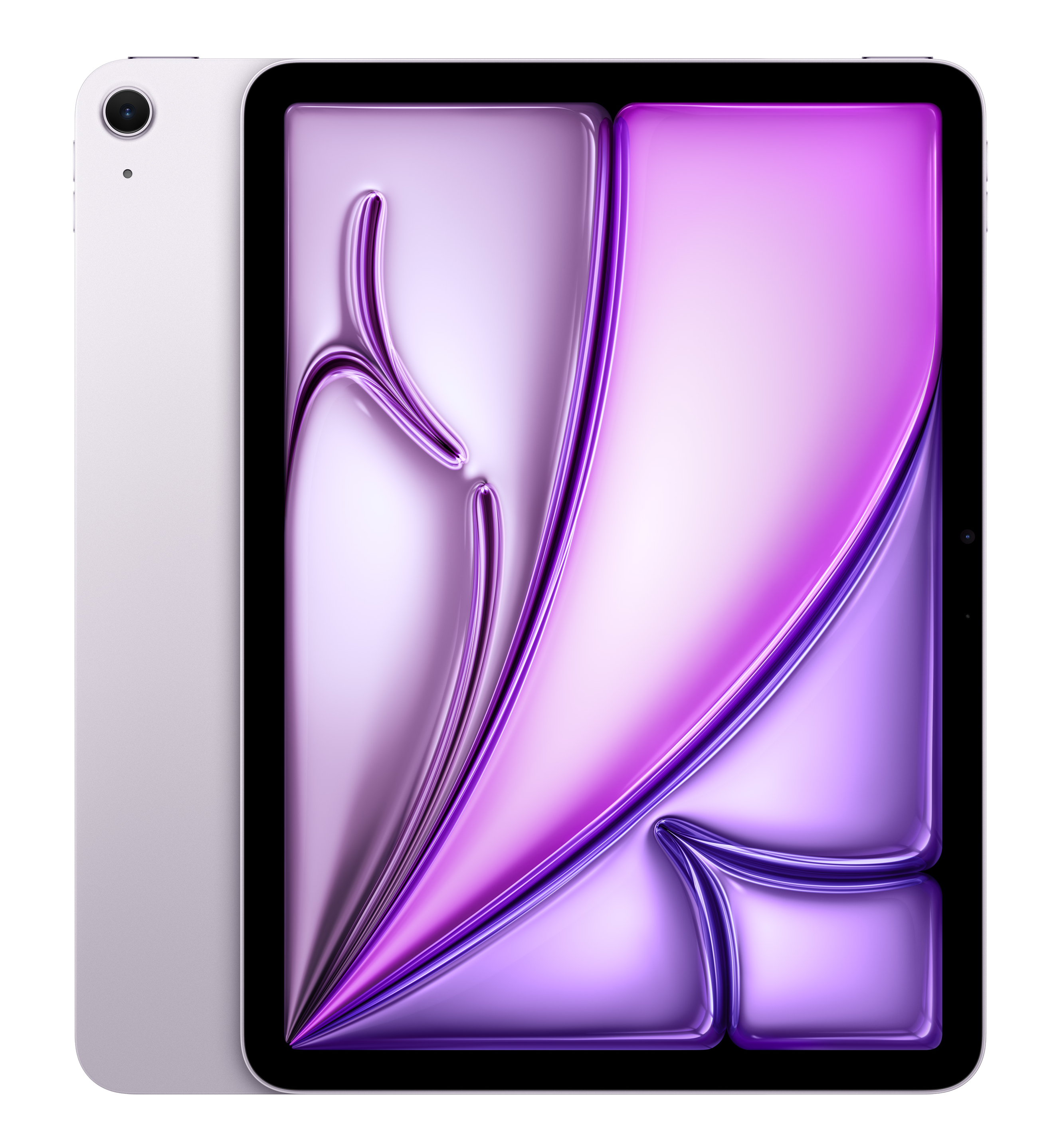 Srebrny tablet z fioletowym, stylizowanym tłem na ekranie.