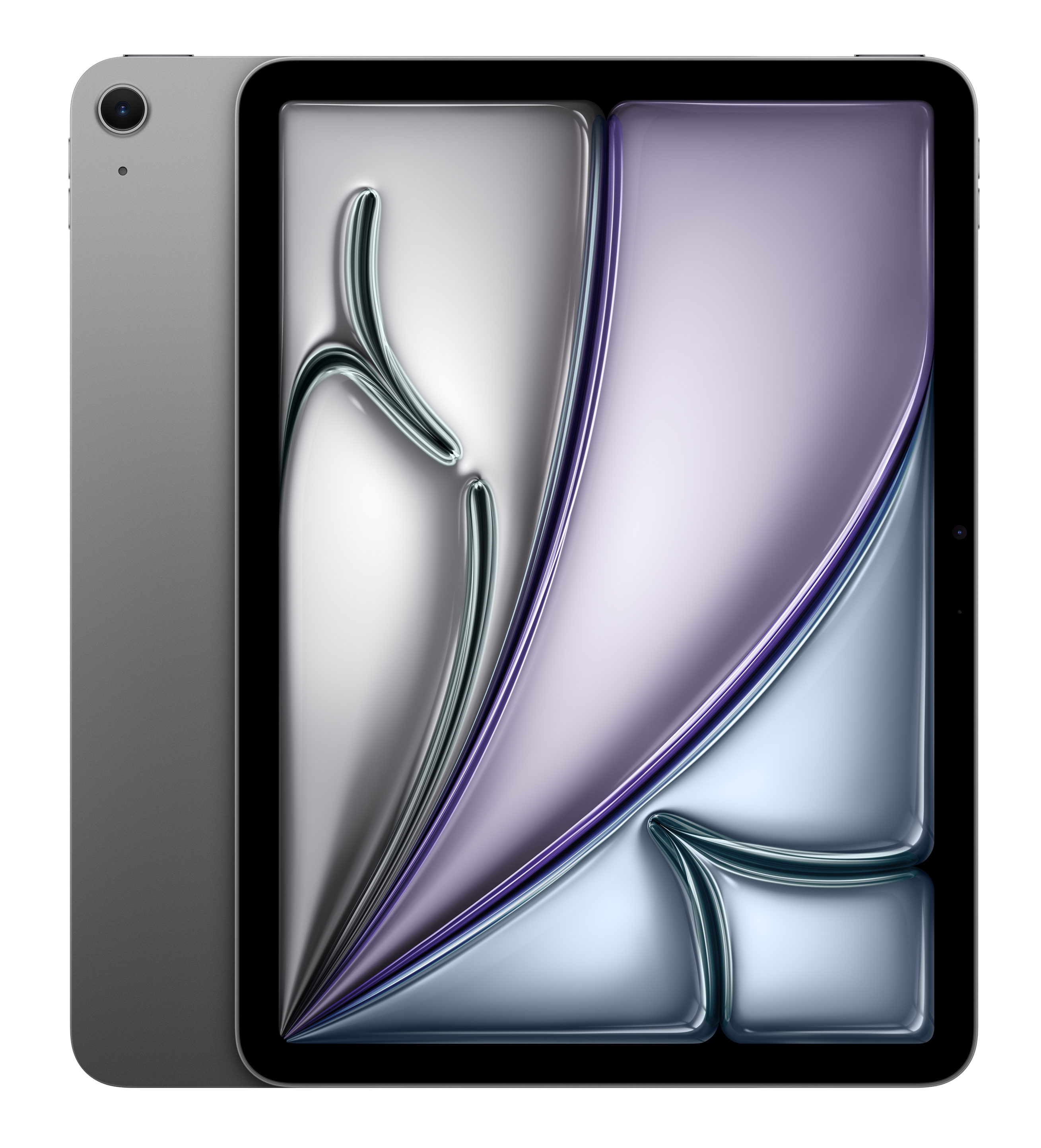 Szary tablet z abstrakcyjną grafiką w kolorze srebra i fioletu na ekranie.