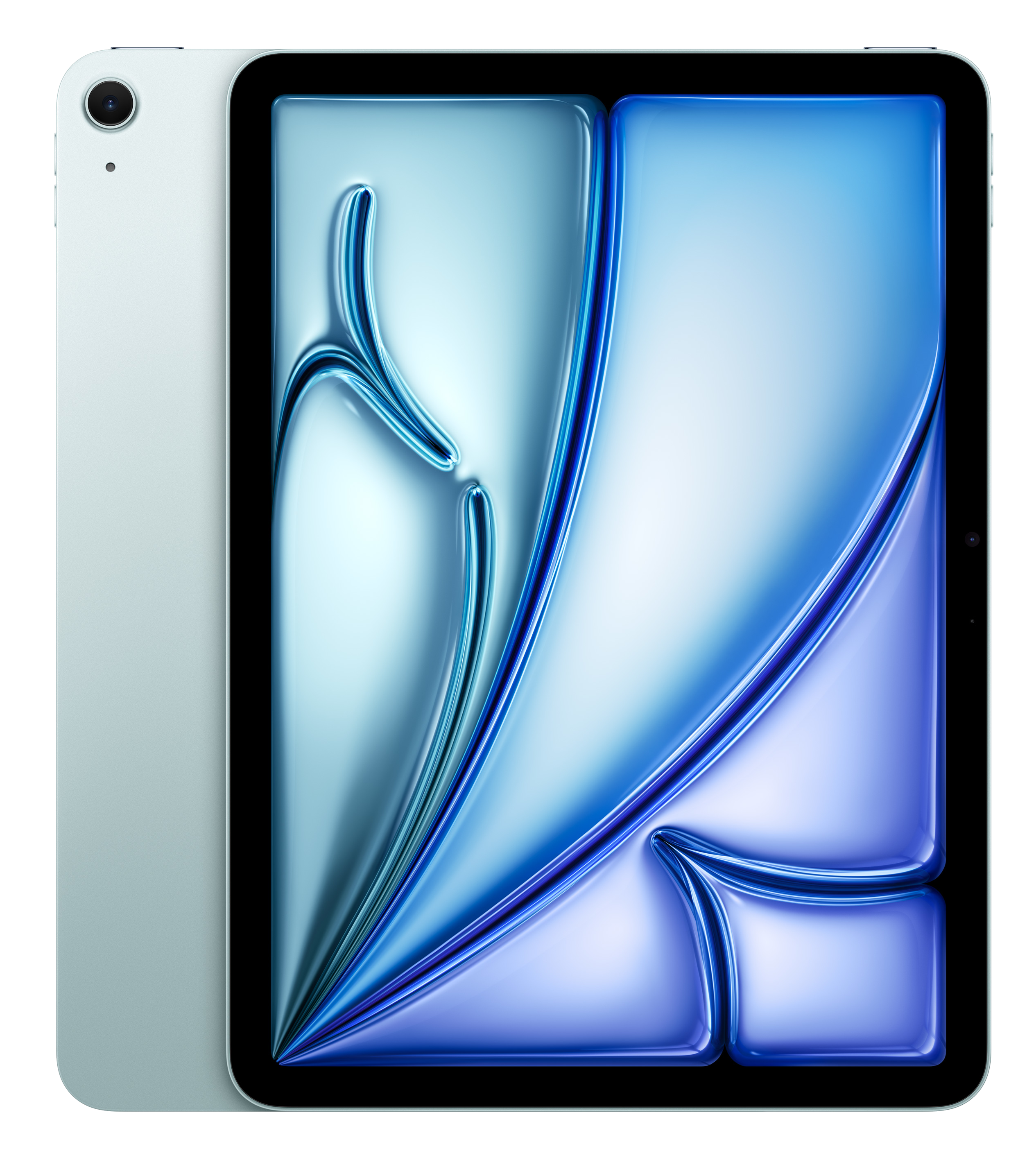 Jasnozielony tablet z abstrakcyjnym niebieskim tłem.