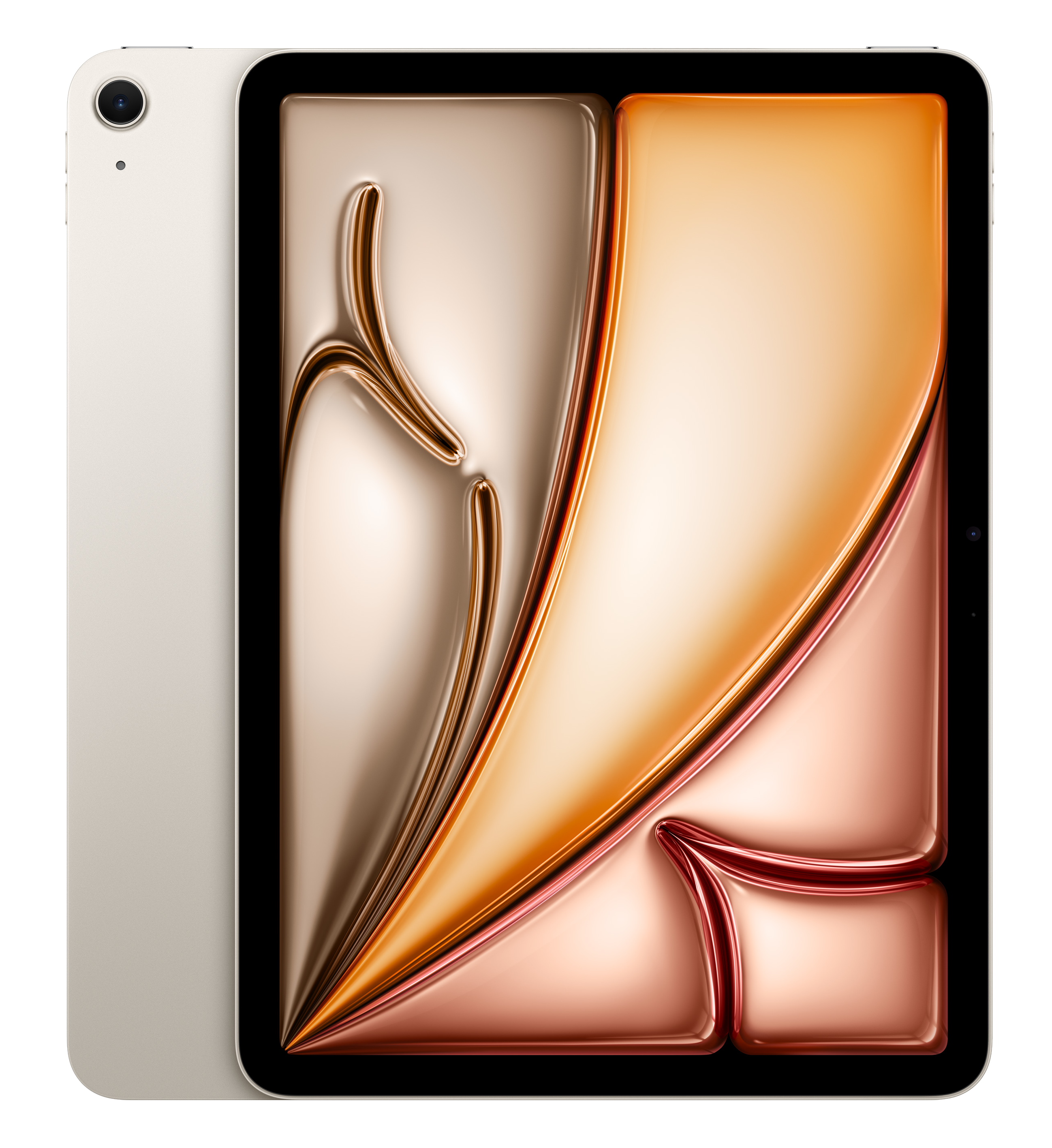 Srebrny tablet wyświetlający stylizowane, metaliczne tło w odcieniach pomarańczu i brązu.
