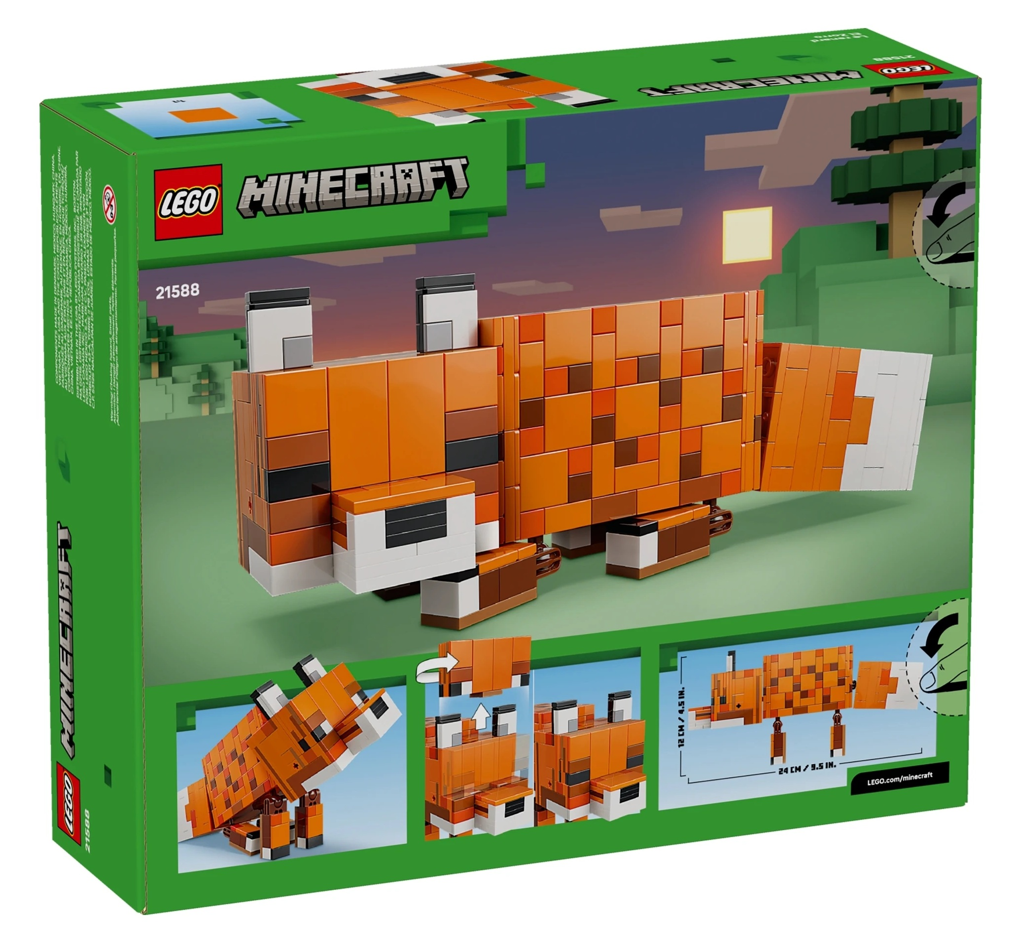 Zestaw LEGO Minecraft lis na zielonym pudełku ze scenami i wymiarami.
