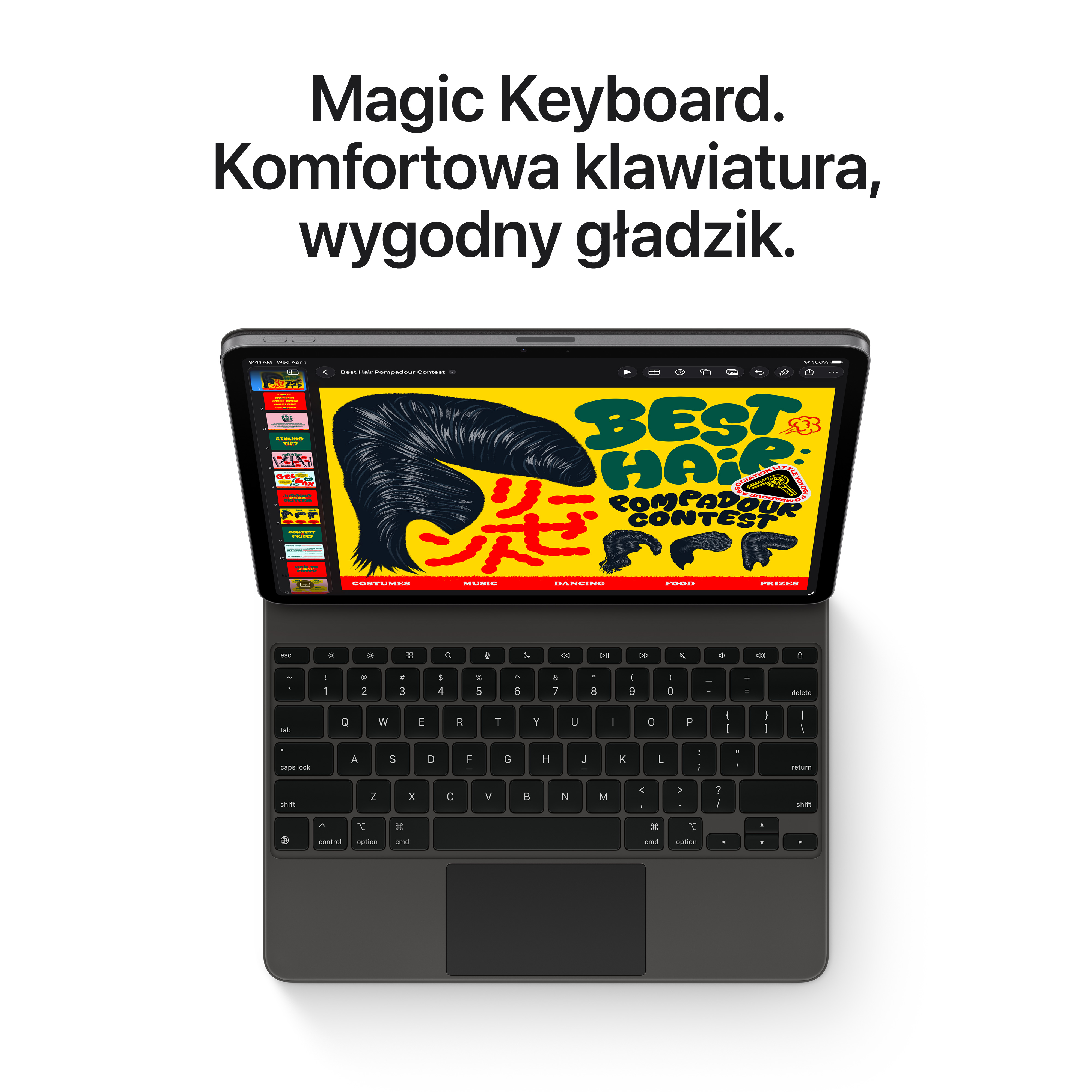 Tablet z klawiaturą Magic Keyboard wyświetla kolorową stronę o konkursie fryzur.