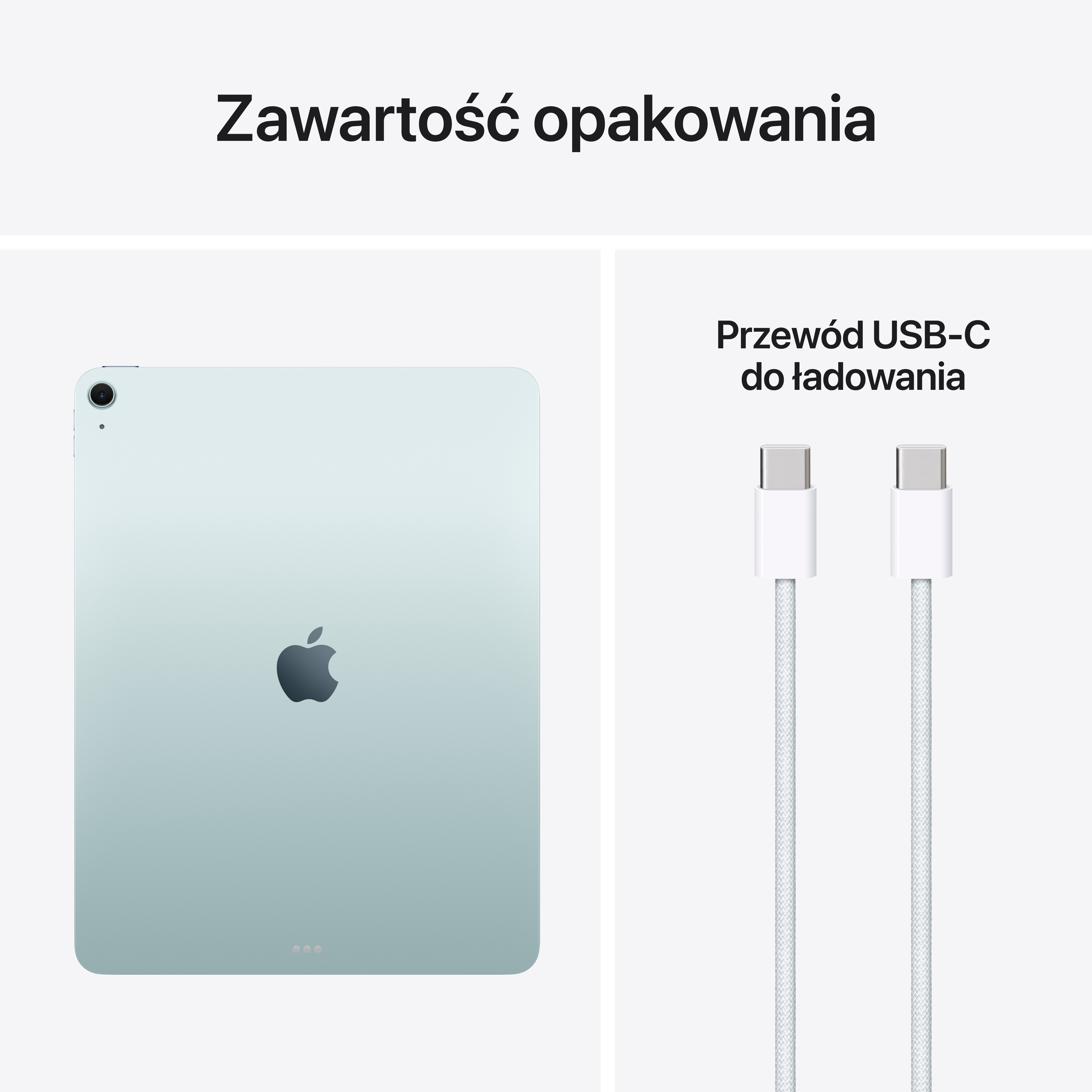 Jasnozielony iPad po lewej, dwa białe kable USB-C po prawej.