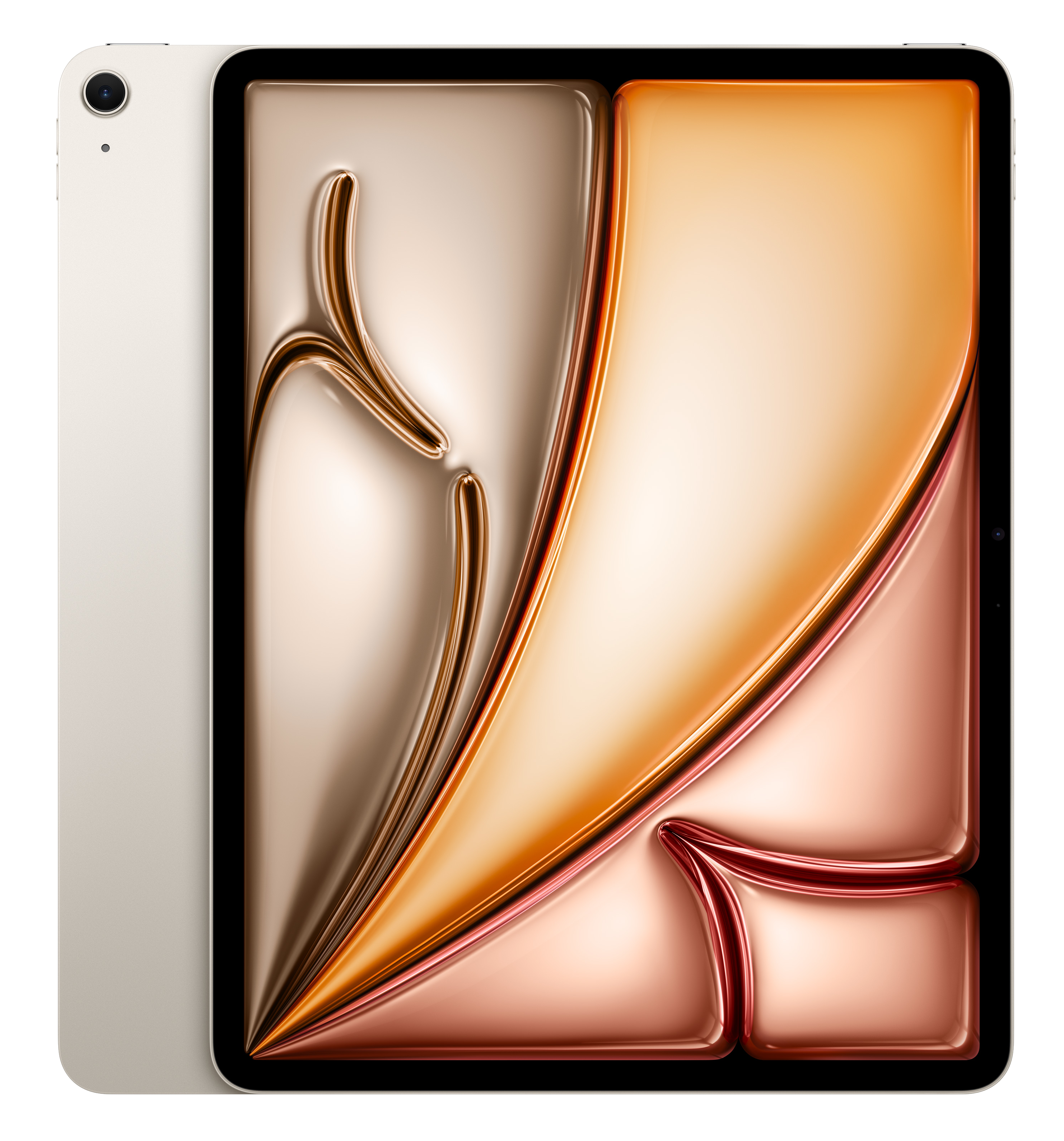 Jasnozłoty tablet z abstrakcyjną, płynną grafiką na ekranie.