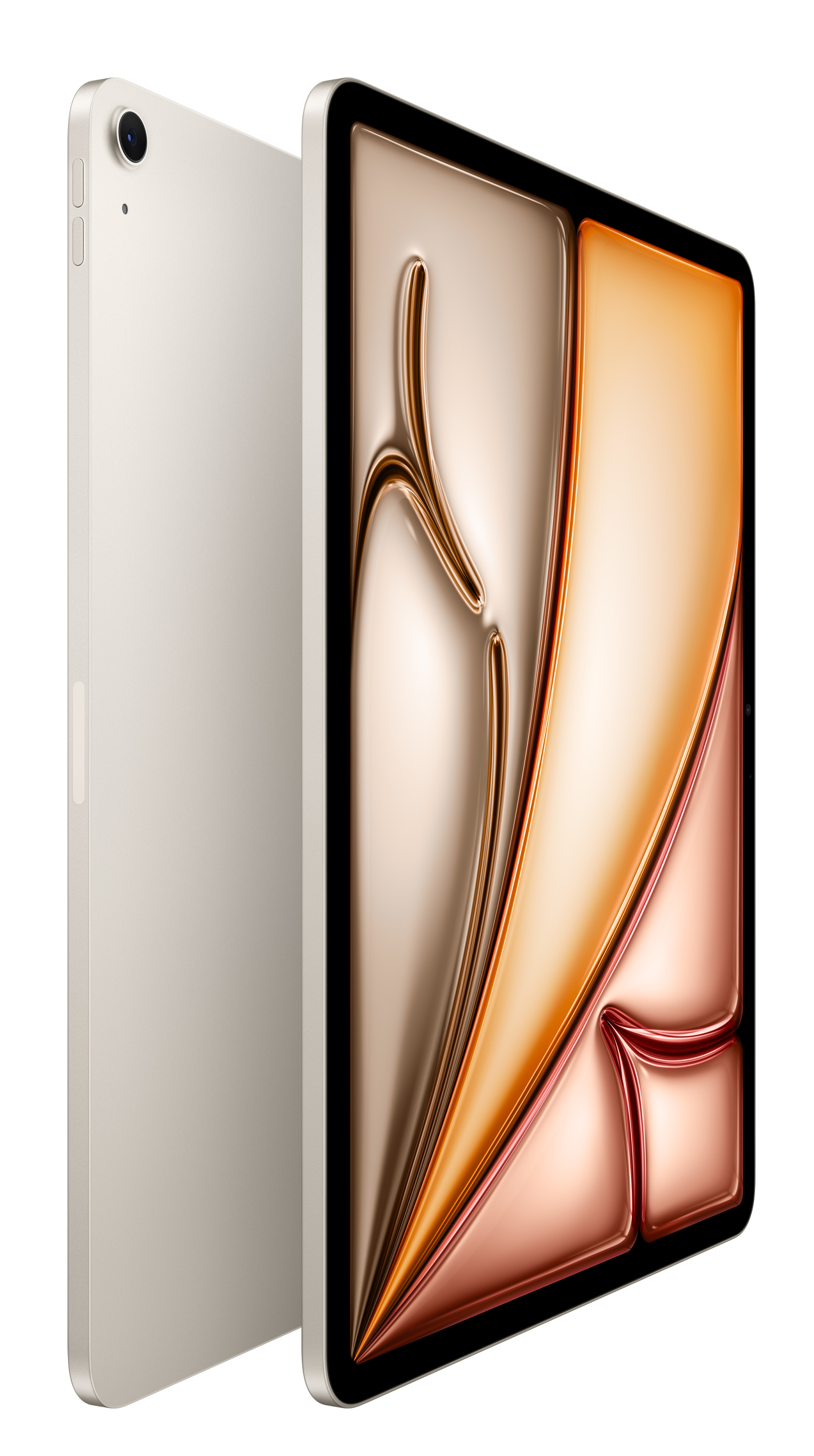 Srebrny tablet z abstrakcyjnym, błyszczącym tłem.