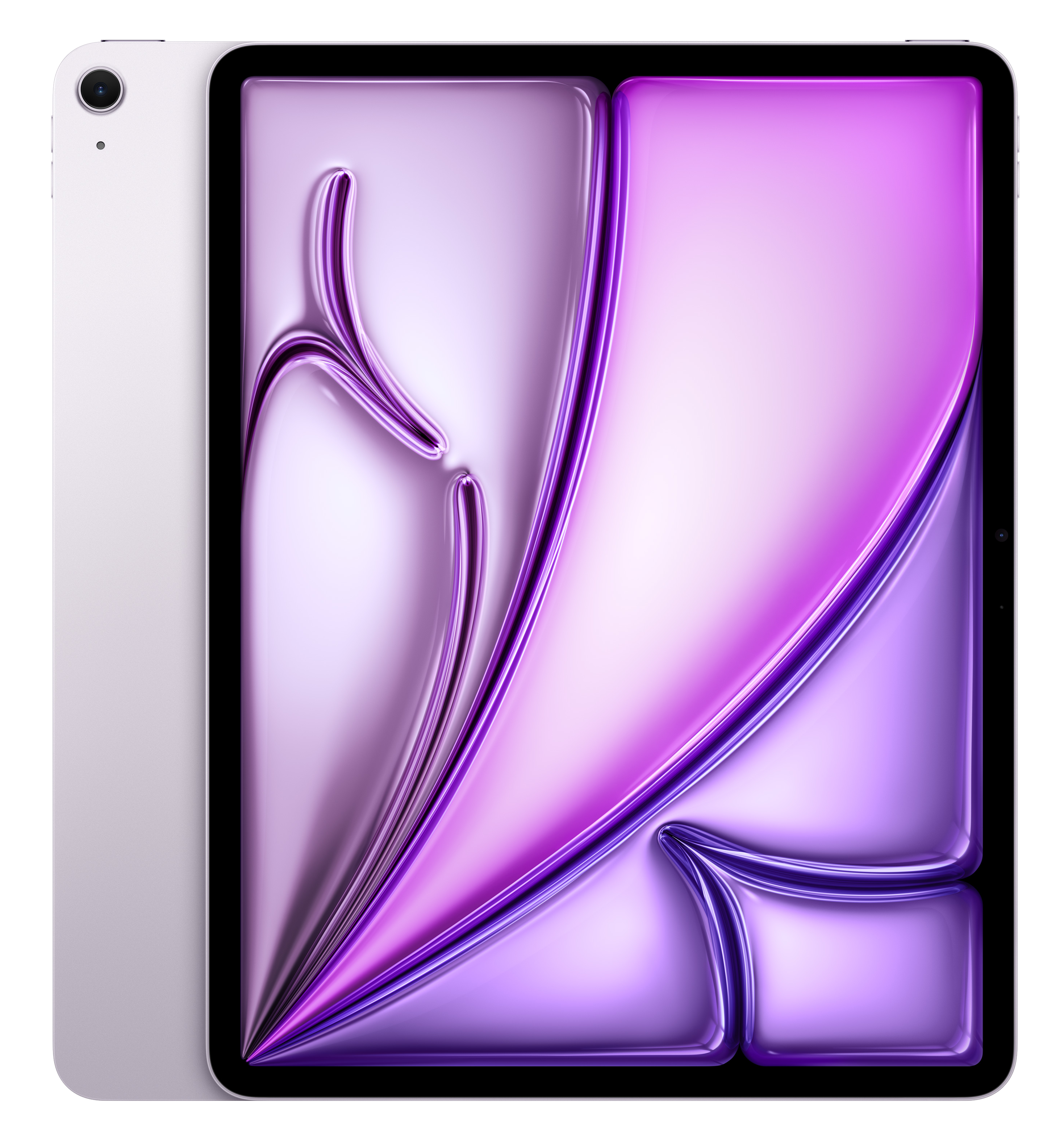 Srebrny tablet z abstrakcyjnym fioletowym tłem.