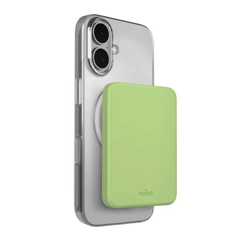 Ein silbernes iPhone mit durchsichtiger Hülle und einer hellgrünen magnetischen Hülle.