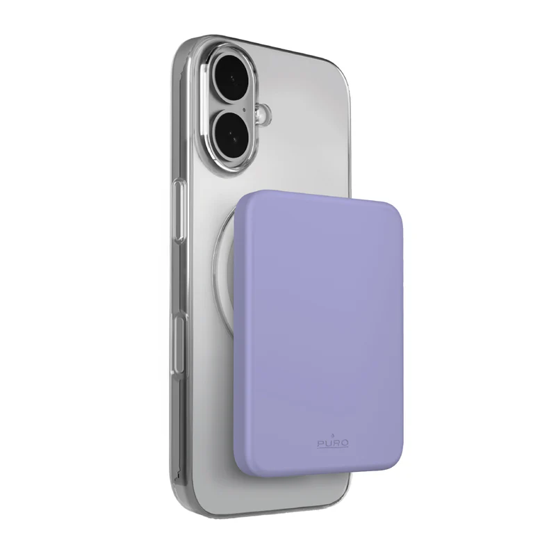 Ein klares Handy mit einer lavendelfarbenen Hülle auf der Rückseite.