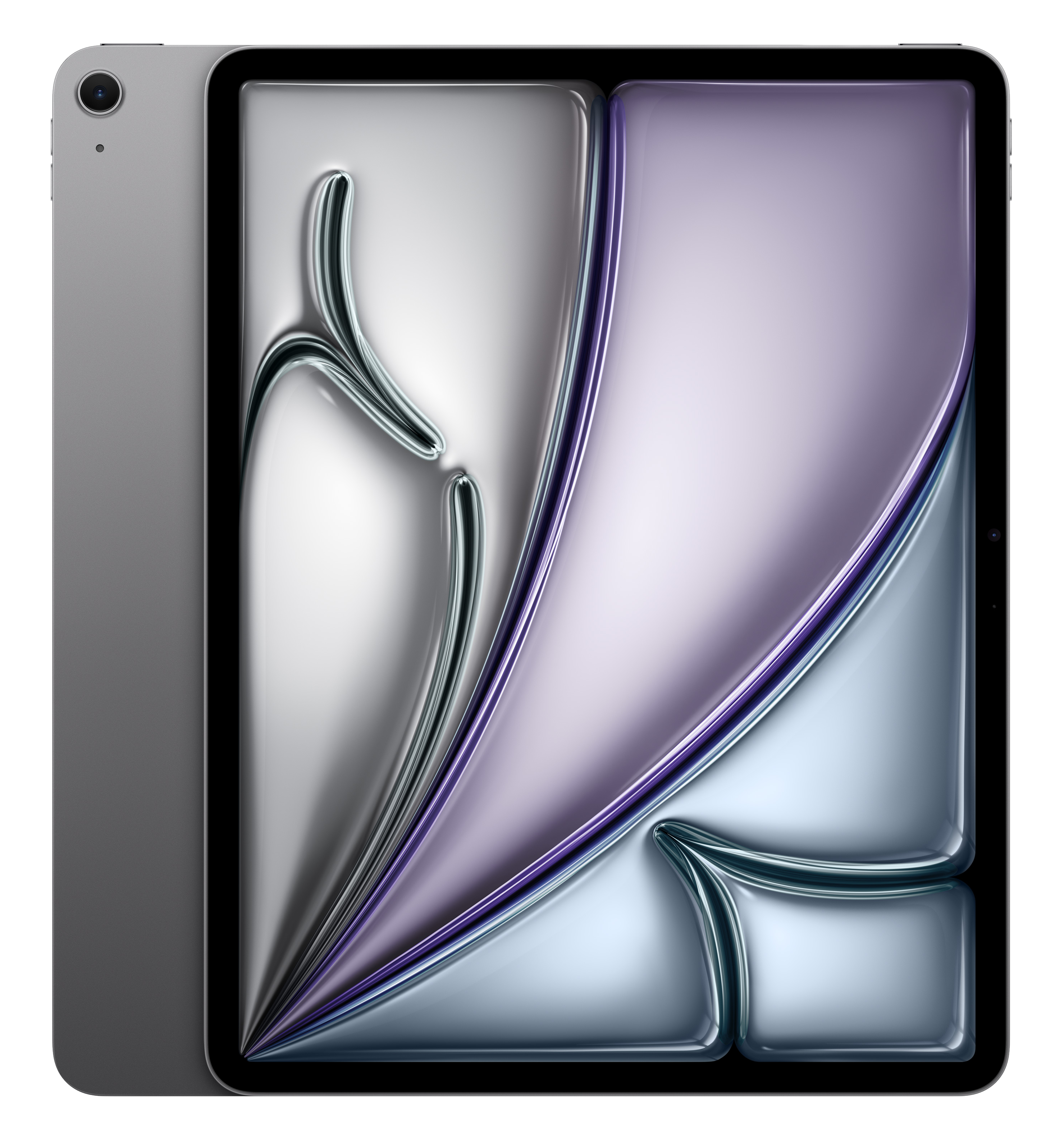 Szary tablet z abstrakcyjnym, lśniącym tłem.