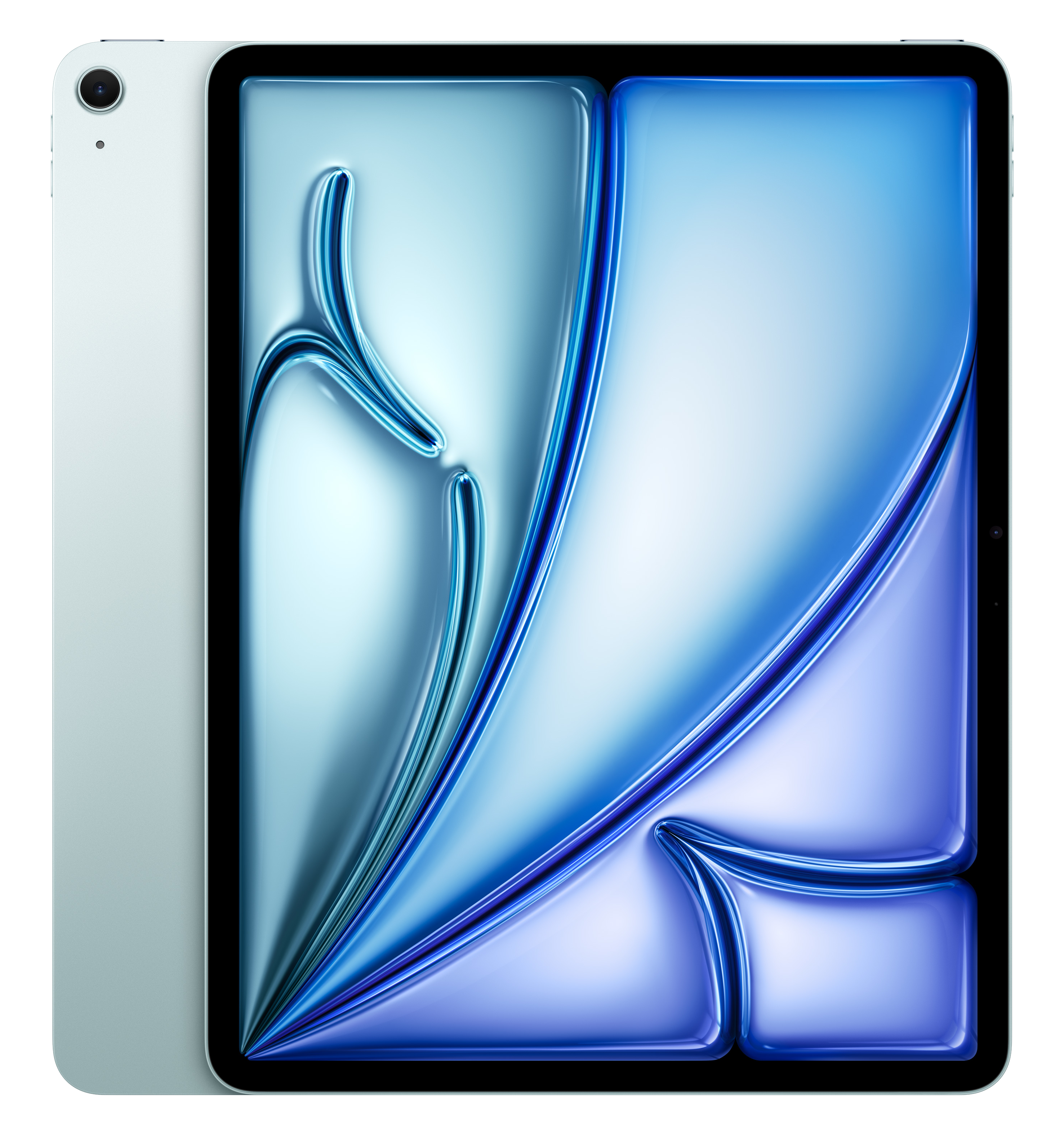 Jasnoniebieski tablet z abstrakcyjnym niebieskim tłem na ekranie.