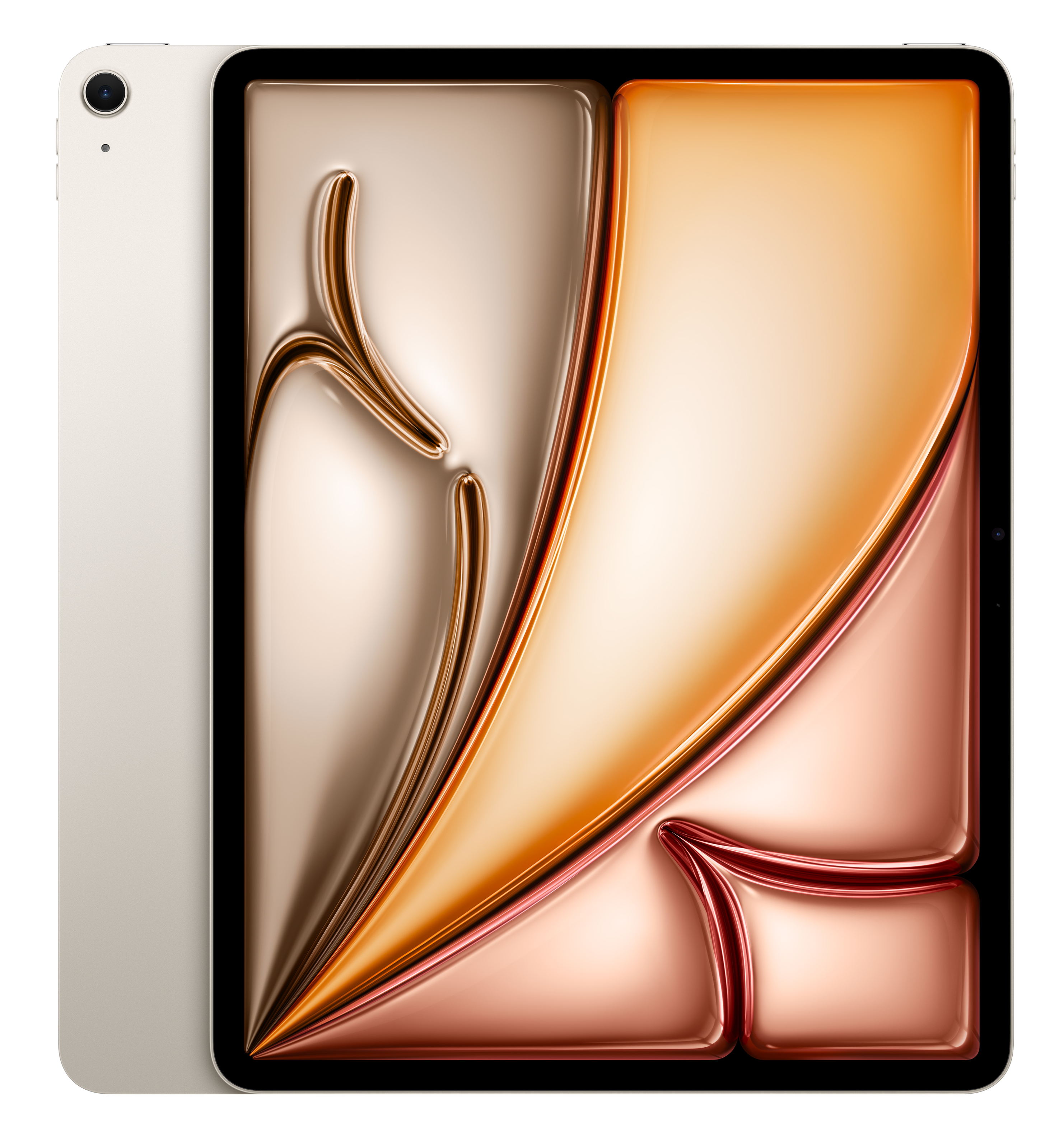 Złoty tablet z abstrakcyjną, falistą grafiką w odcieniach pomarańczu i brązu.
