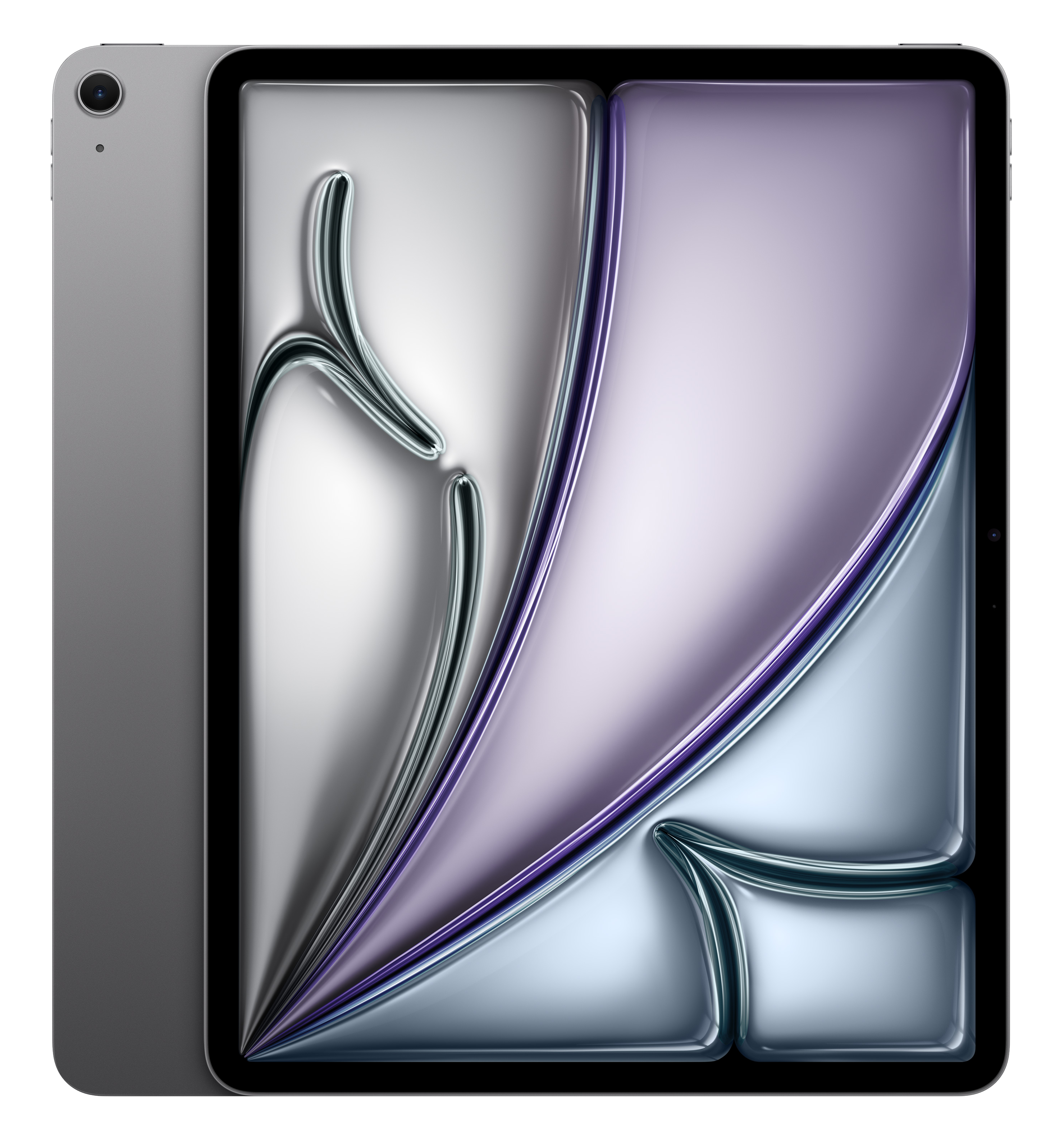 Srebrny tablet w orientacji pionowej z abstrakcyjnym fioletowo-srebrnym tłem.