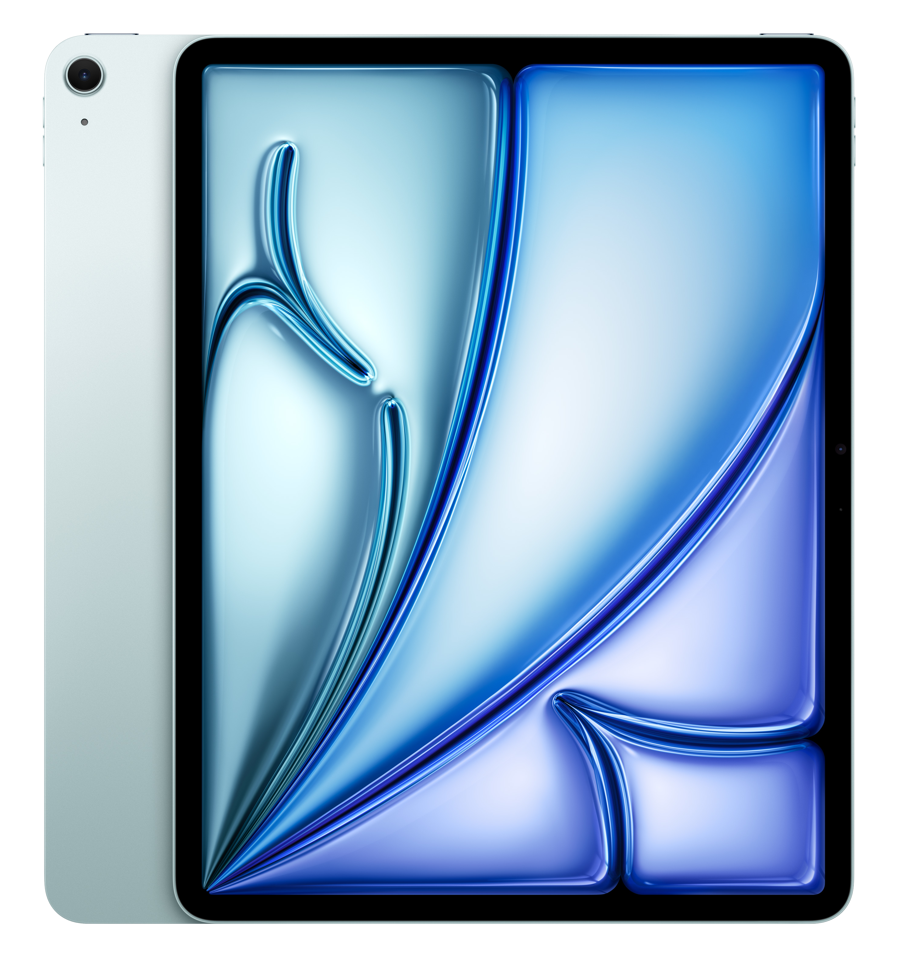 Jasnoniebieski tablet z abstrakcyjnym niebiesko-białym tłem.