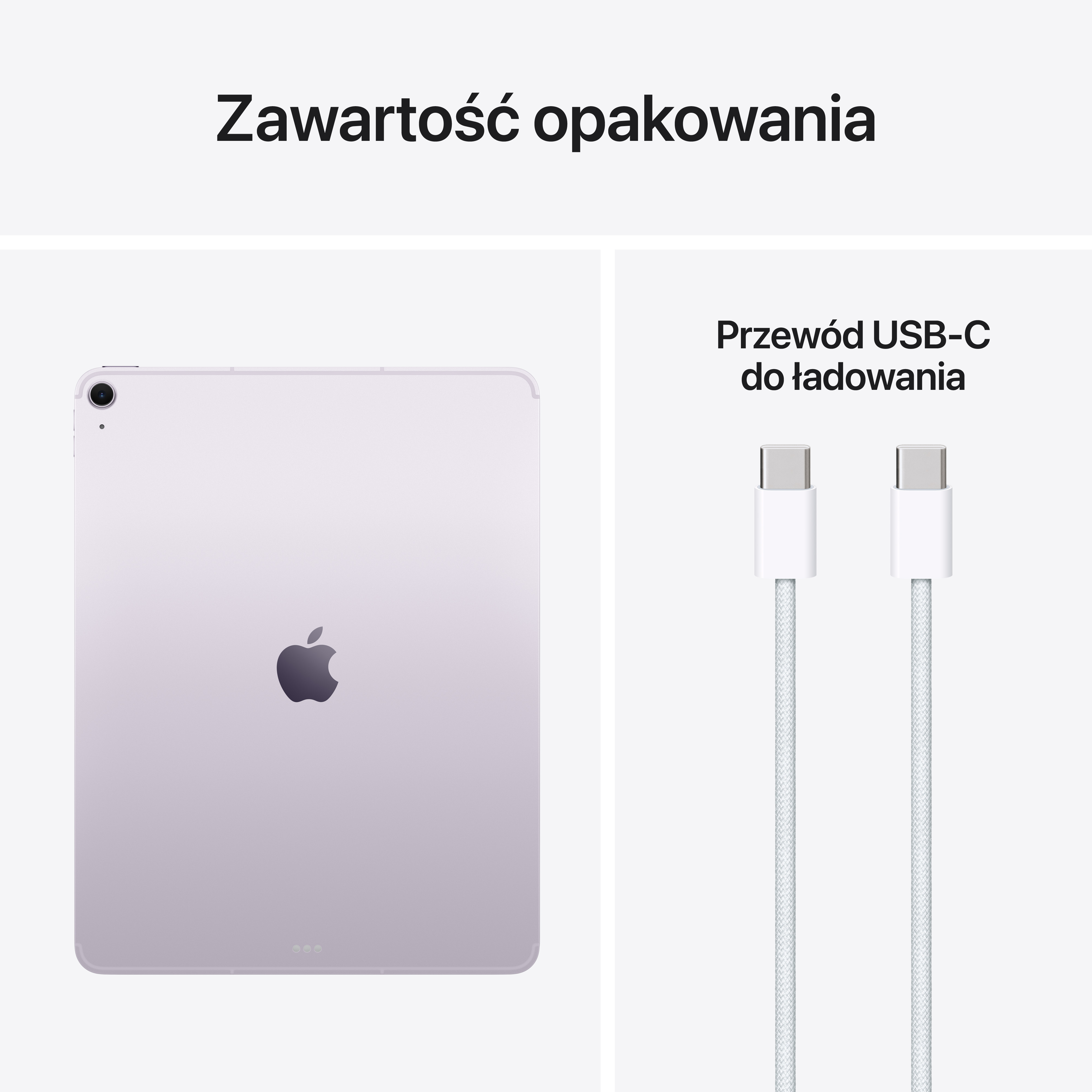 Fioletowy tablet z logo Apple i dwa białe kable USB-C.