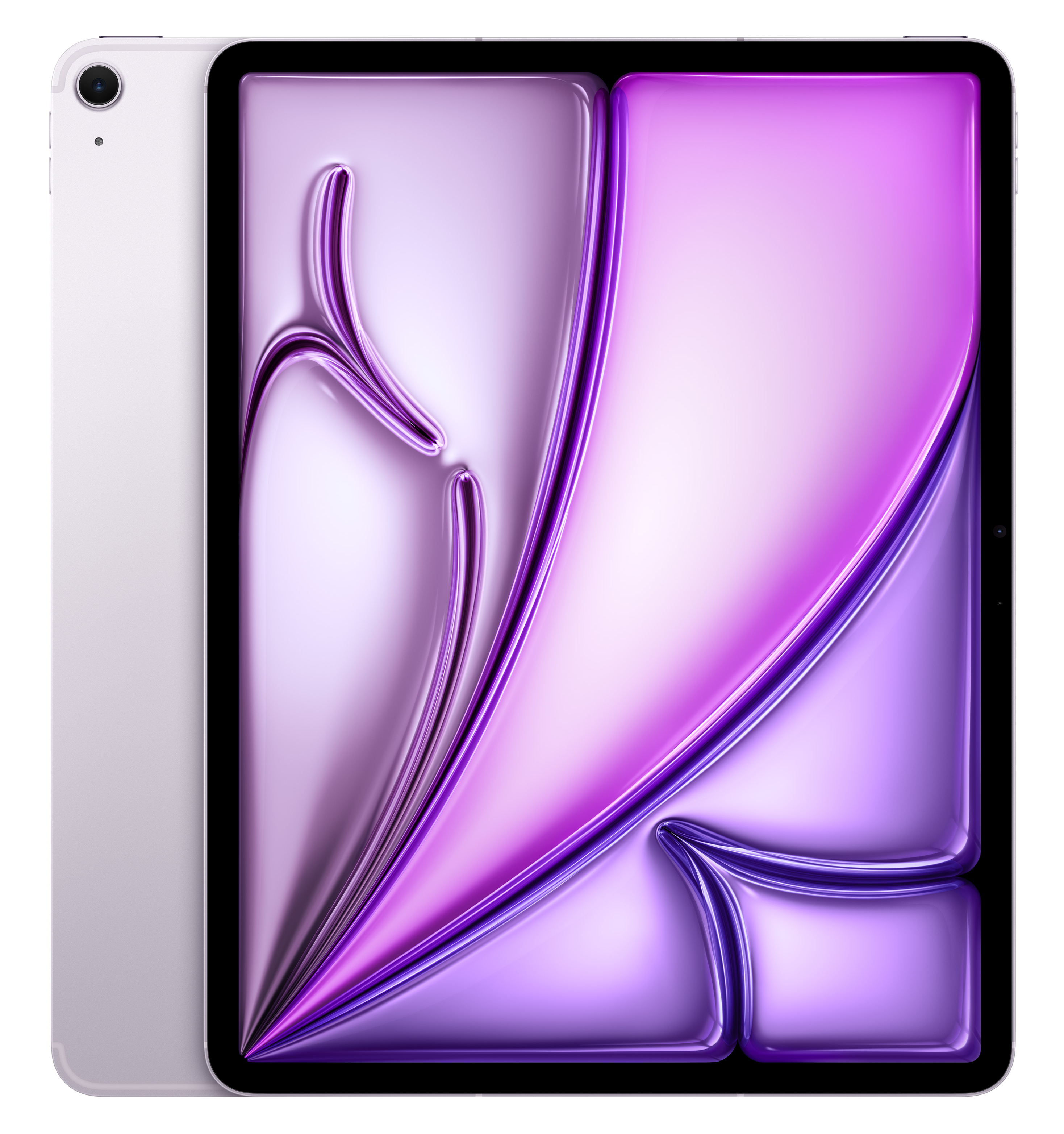 Srebrny tablet z fioletowym abstrakcyjnym tłem.