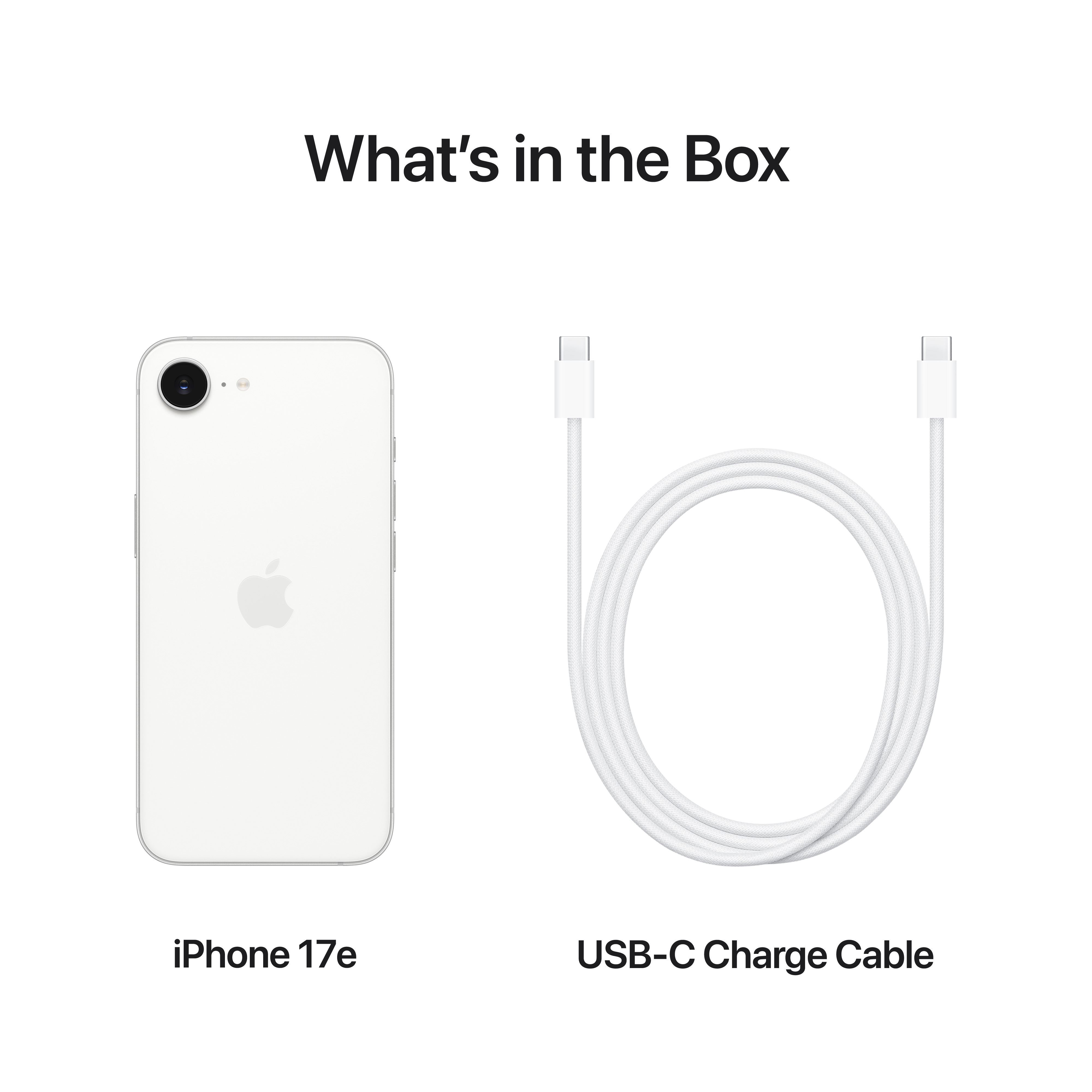 Ein weißes iPhone 17e und ein weißes USB-C-Kabel sind abgebildet.