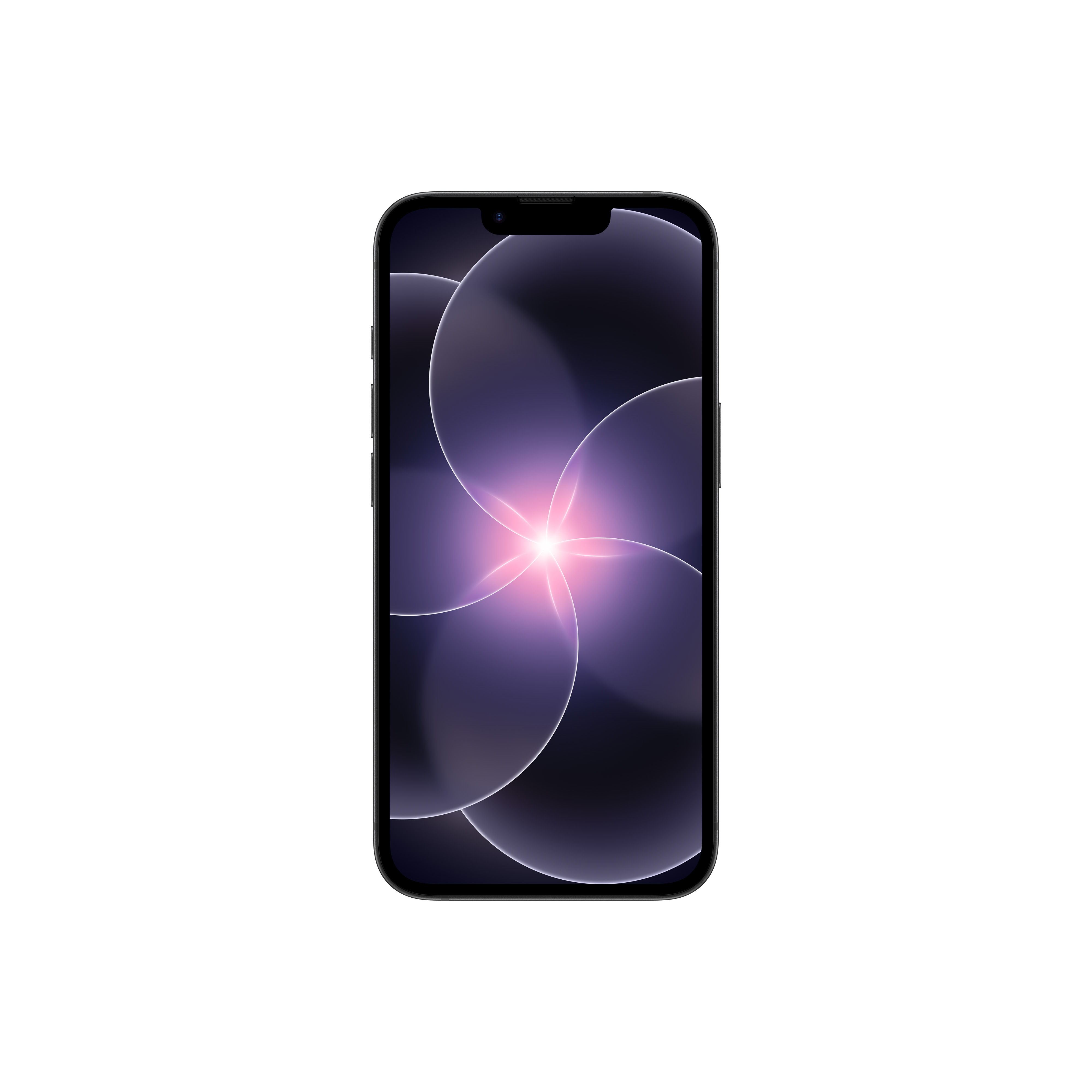 Un smartphone noir affichant un fond d'écran abstrait violet.