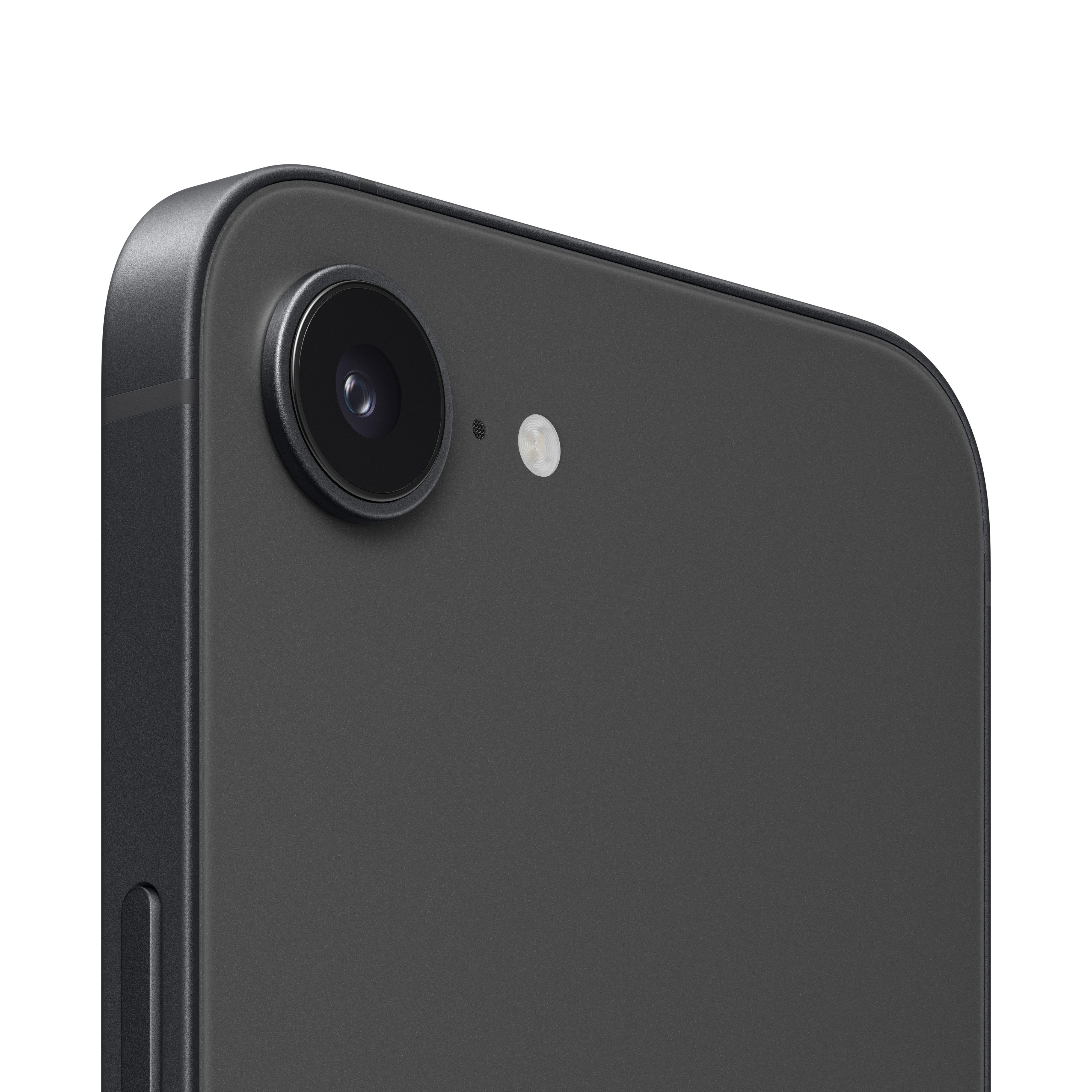Smartphone gris foncé avec une seule caméra et un flash sur fond blanc.
