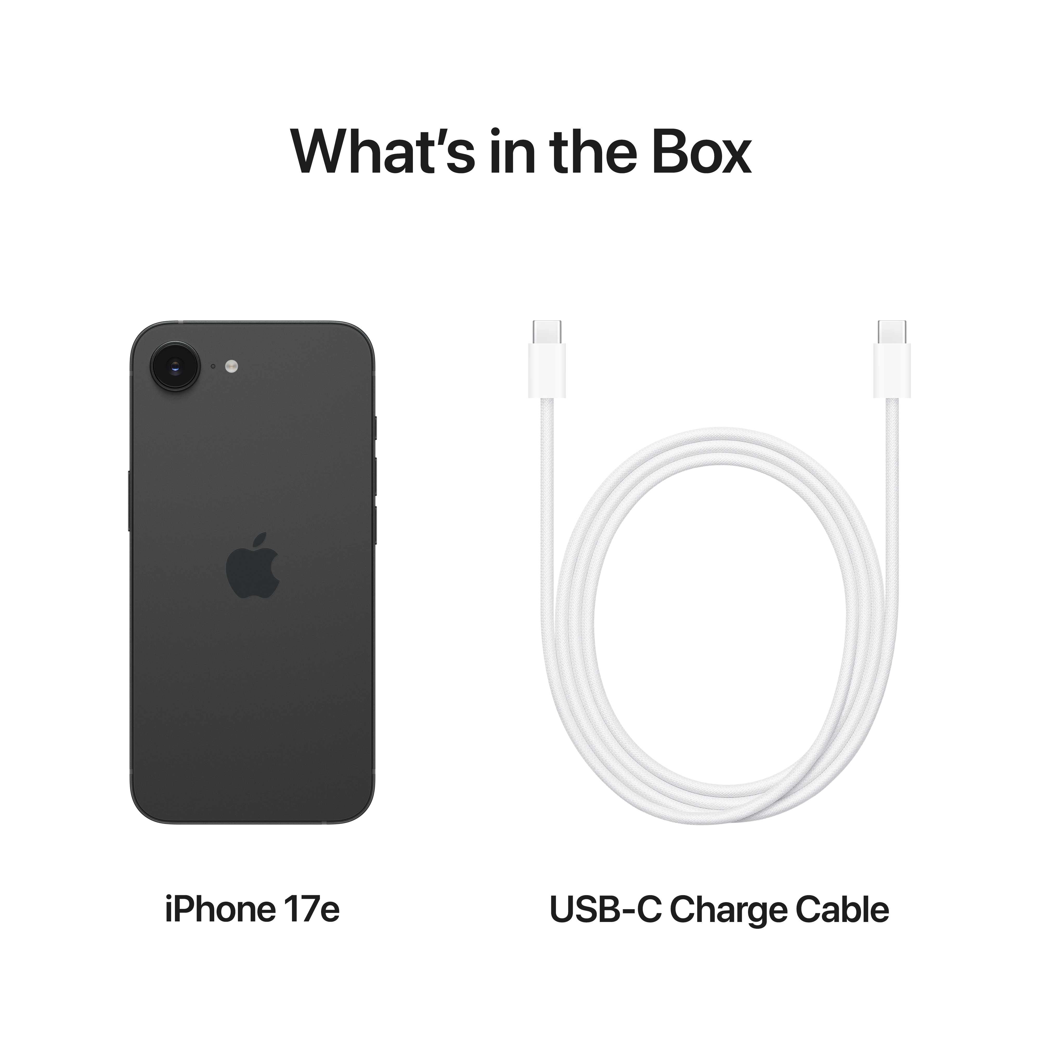 Un iPhone 17e noir et un câble de chargement USB-C blanc côte à côte.