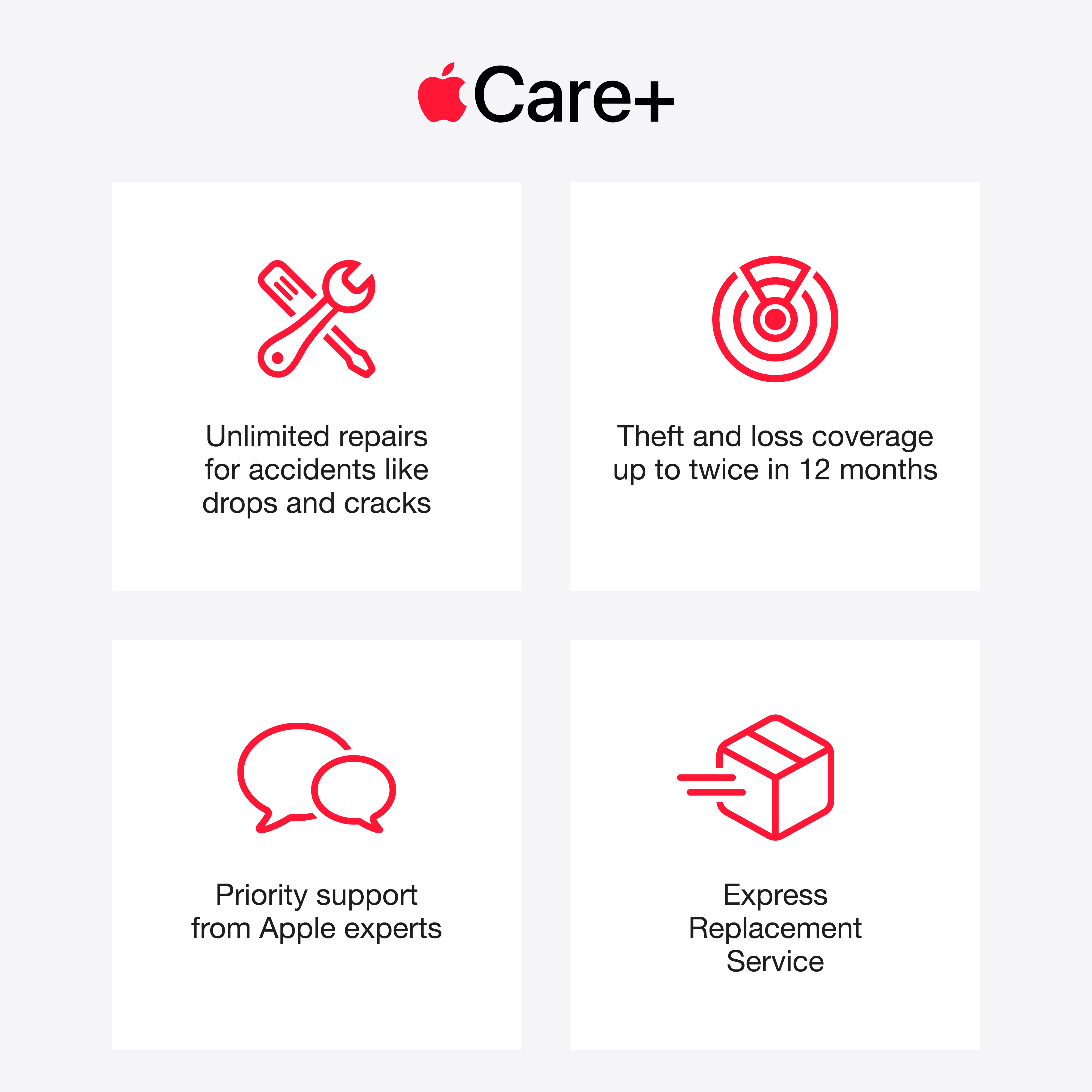 Logo Apple Care+ avec quatre icônes : réparation, vol, assistance, remplacement.