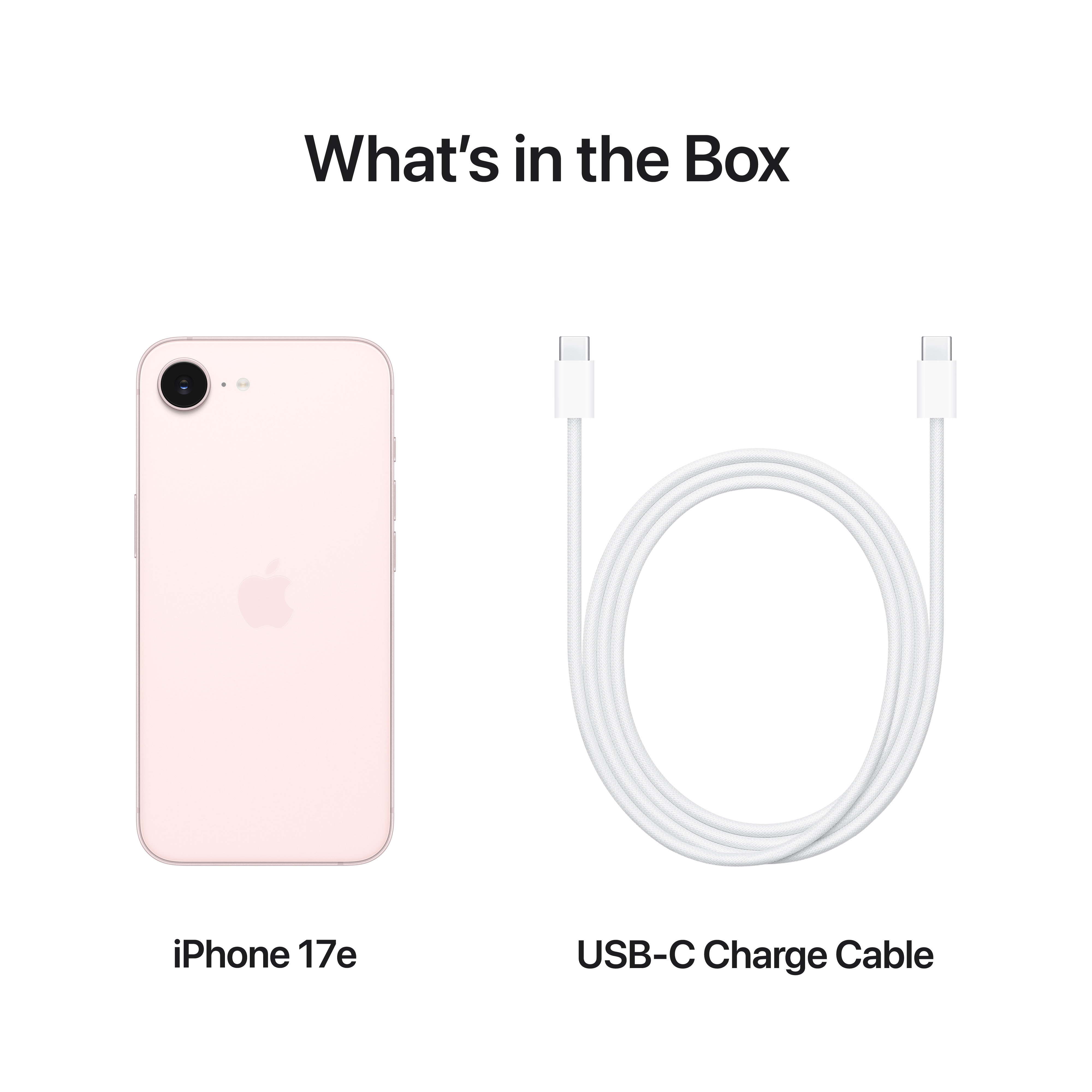 Ein rosafarbenes iPhone und ein weißes USB-C-Kabel auf weißem Grund.