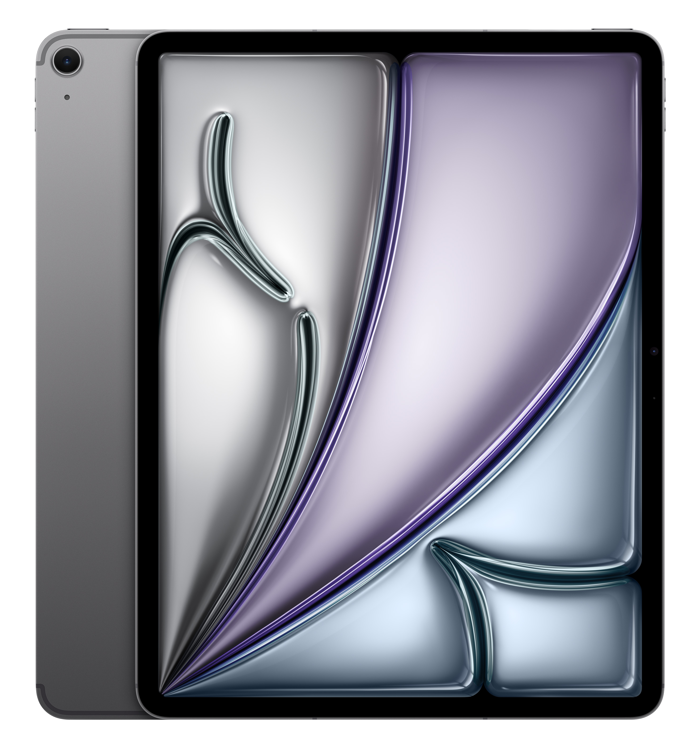 Srebrny tablet z abstrakcyjnym, zakrzywionym wzorem na ekranie.