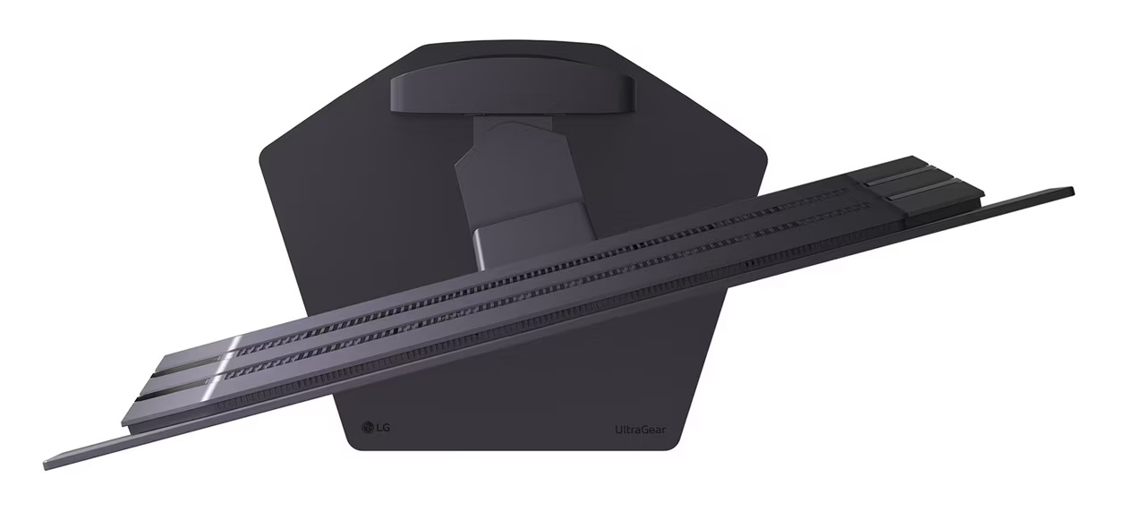 Czarny stojak monitora LG UltraGear z otworami wentylacyjnymi na białym tle.