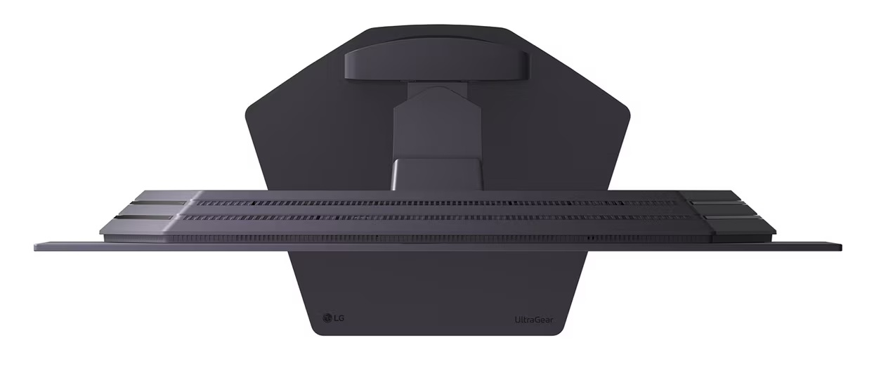 Ciemny stojak monitora LG UltraGear z otworami wentylacyjnymi.