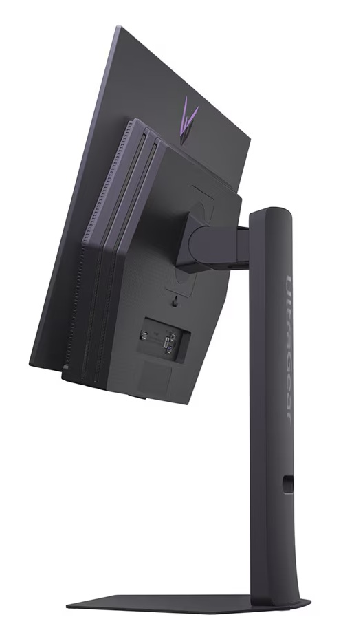 Tył czarnego monitora ze stojakiem i portami.