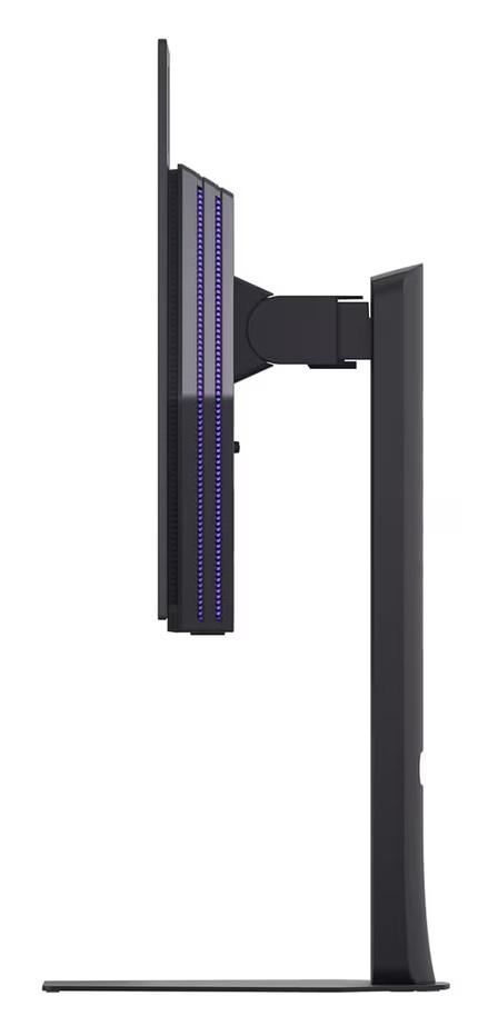 Czarny monitor z fioletowymi światłami z boku, na stojaku.