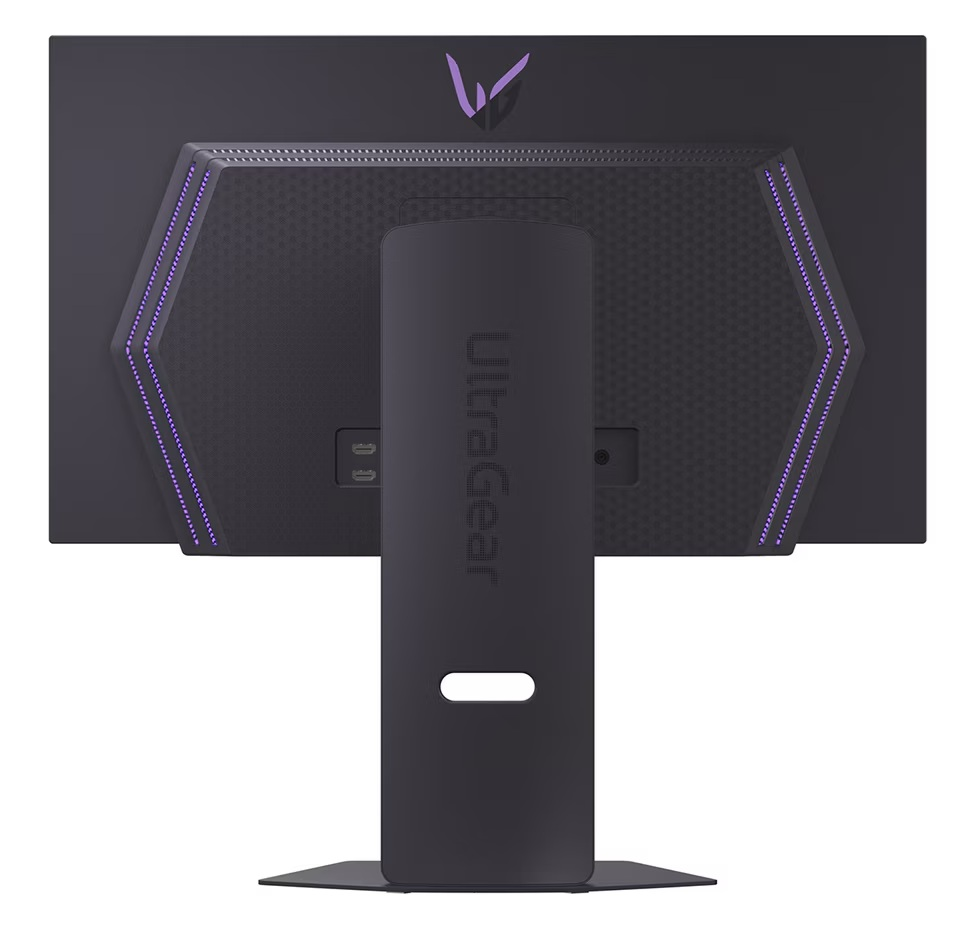 Tył czarnego monitora LG UltraGear z fioletowymi akcentami i portami.