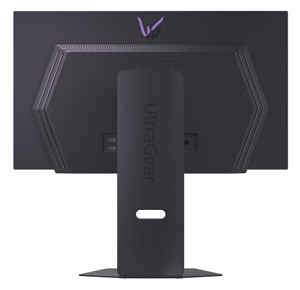 Tył czarnego monitora z fioletowym logo i napisem "UltraGear".