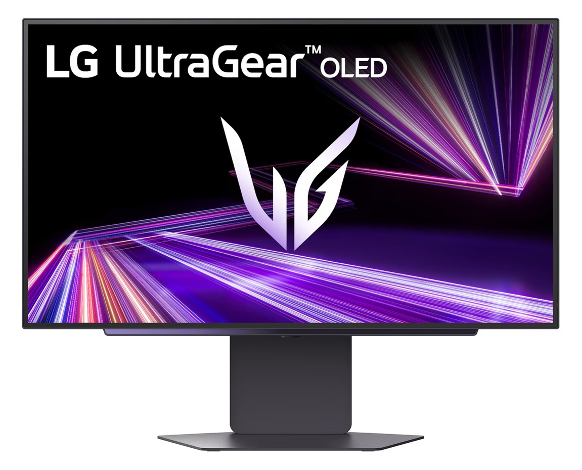 Monitor LG UltraGear OLED z stylizowanym białym logo i fioletowymi smugami światła w tle.