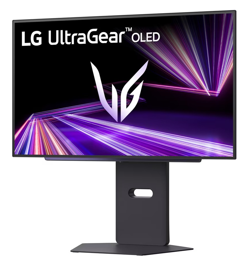 Monitor LG UltraGear OLED wyświetla logo LG i fioletowe smugi światła.