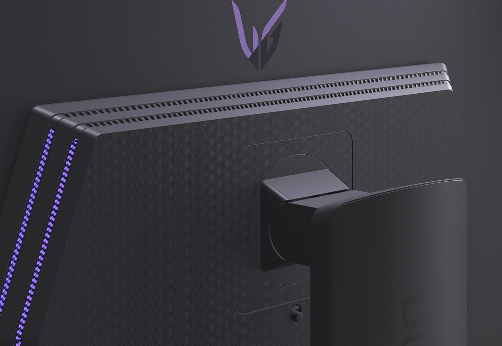 Tył monitora z fioletowym podświetleniem akcentującym i logo LG.