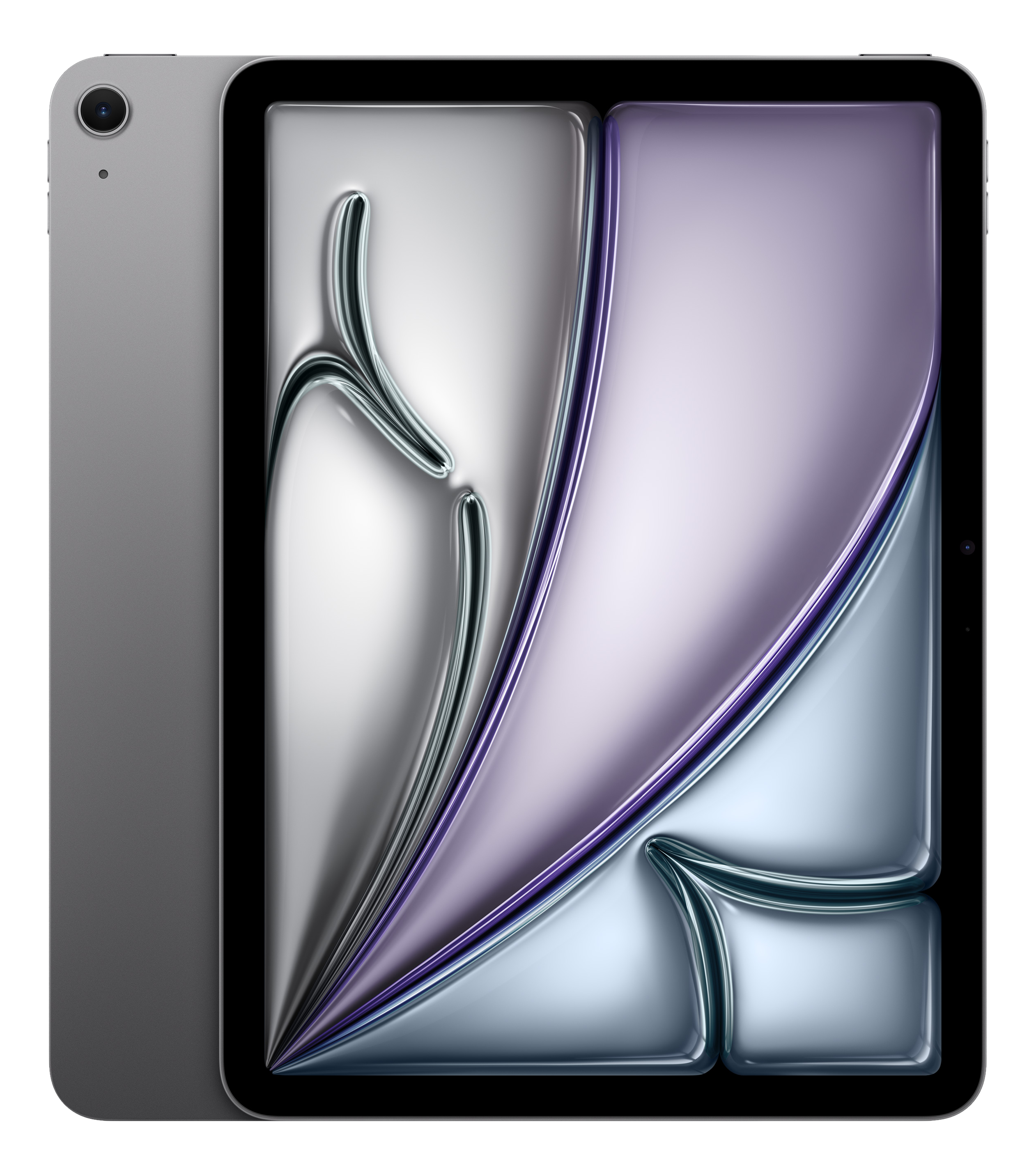 Une tablette argentée avec un fond abstrait violet et gris.