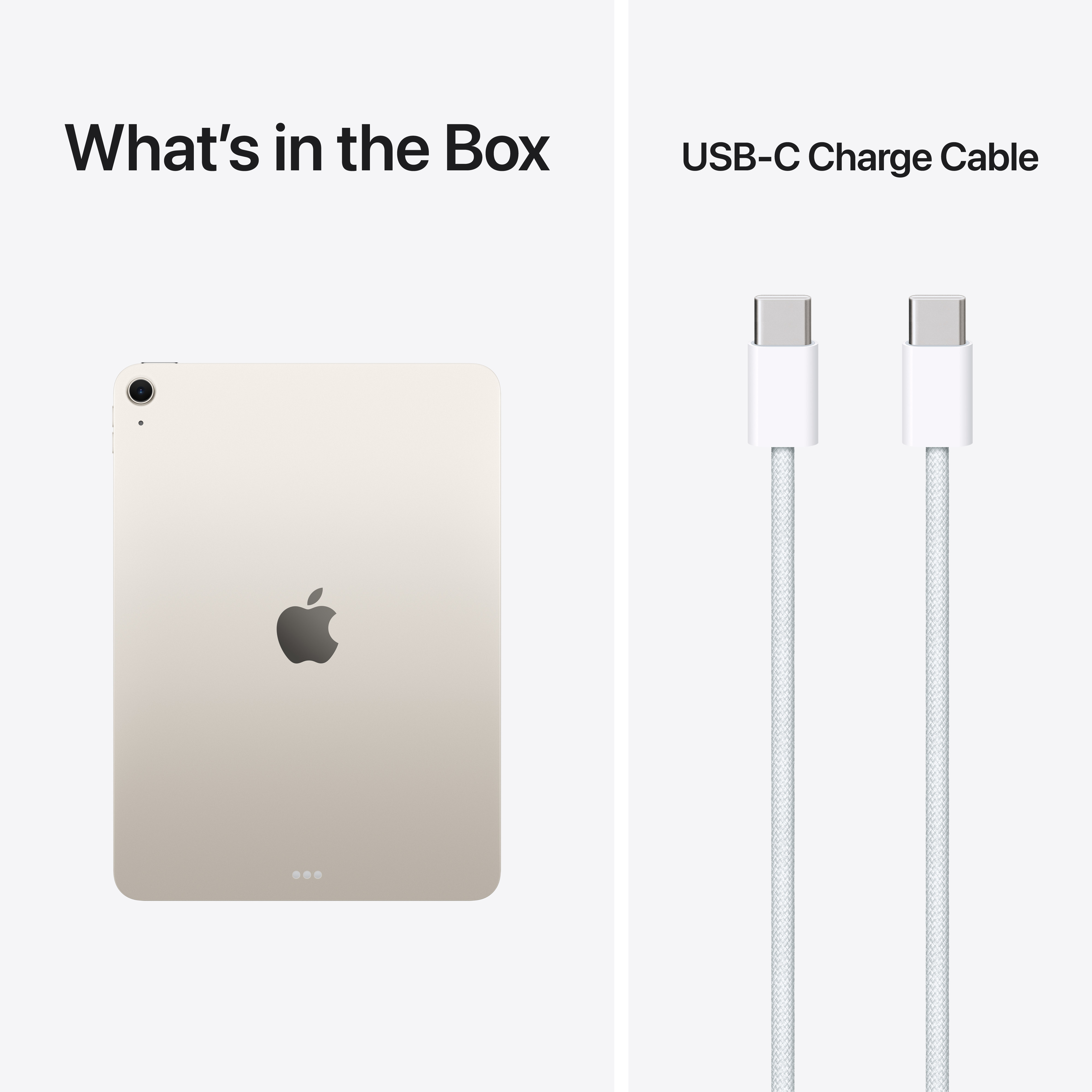Une tablette dorée claire et deux câbles de charge USB-C blancs sur fond gris.