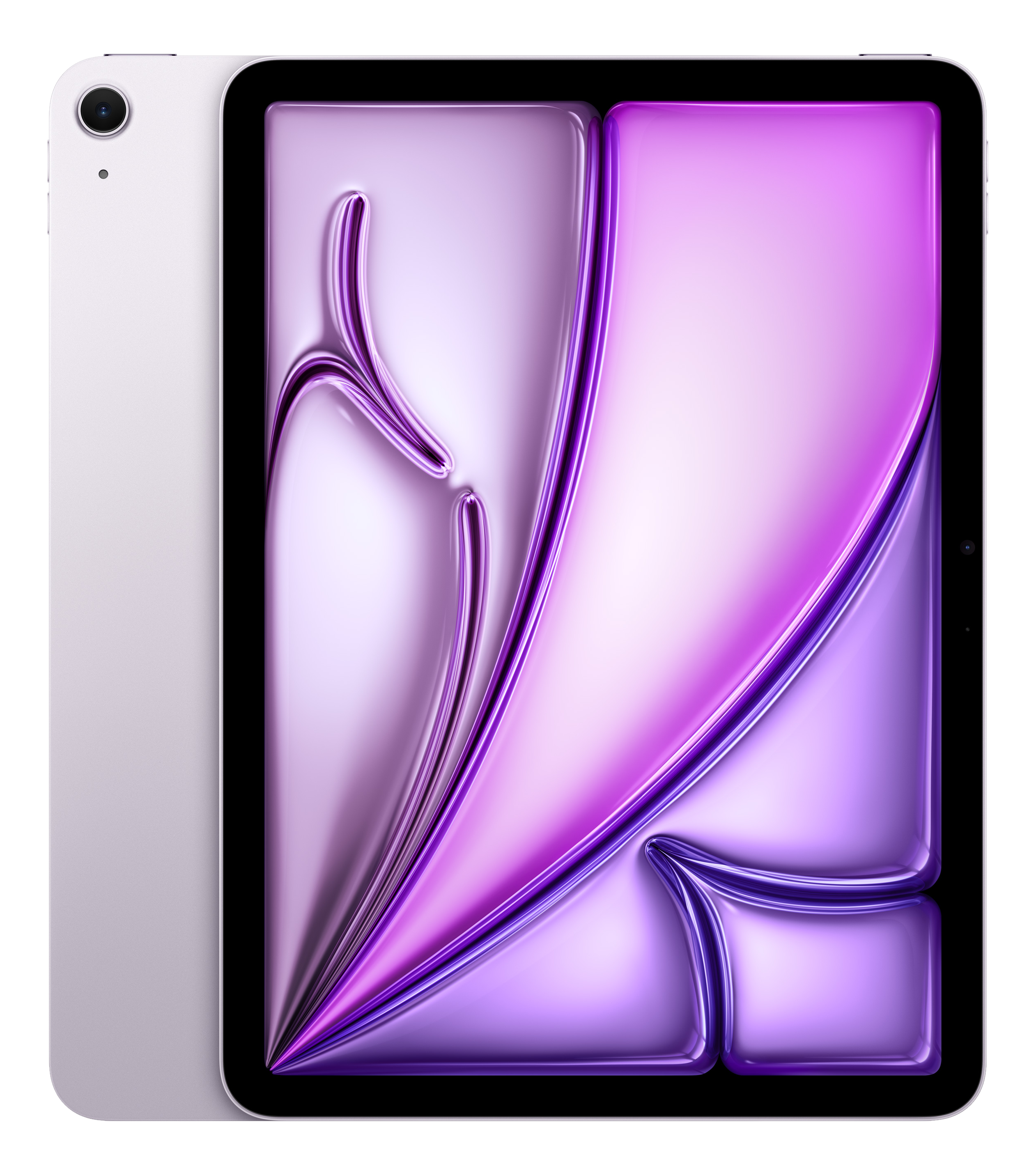 Ein silbernes Tablet mit einem lila abstrakten Hintergrund auf dem Bildschirm.