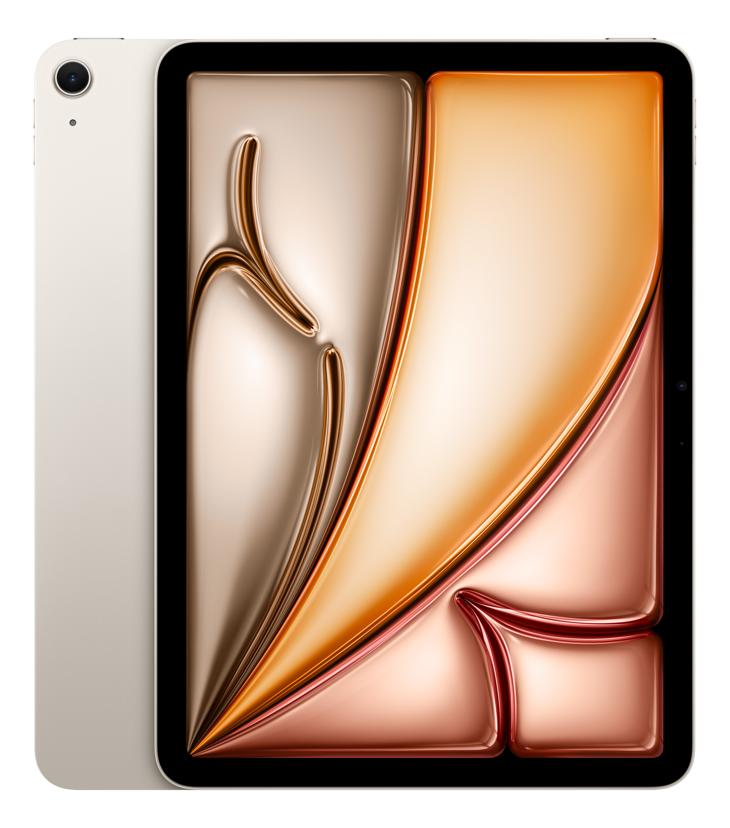 Ein hellgoldenes Tablet mit einem abstrakten, flüssigen Hintergrund in Orange- und Rosatönen.