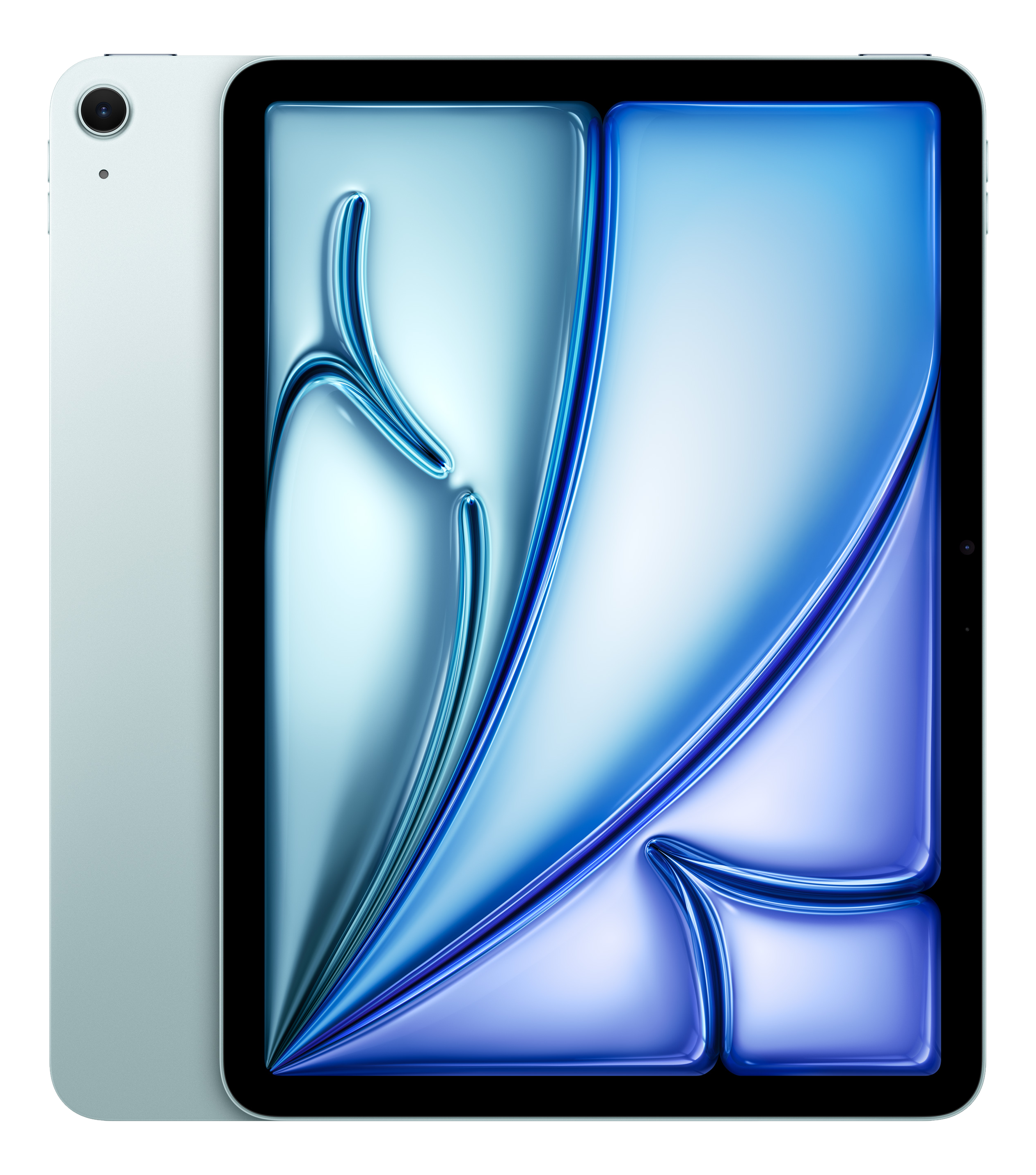 Ein hellgrünes Tablet mit Kamera auf der Rückseite und einem blauen abstrakten Hintergrund.