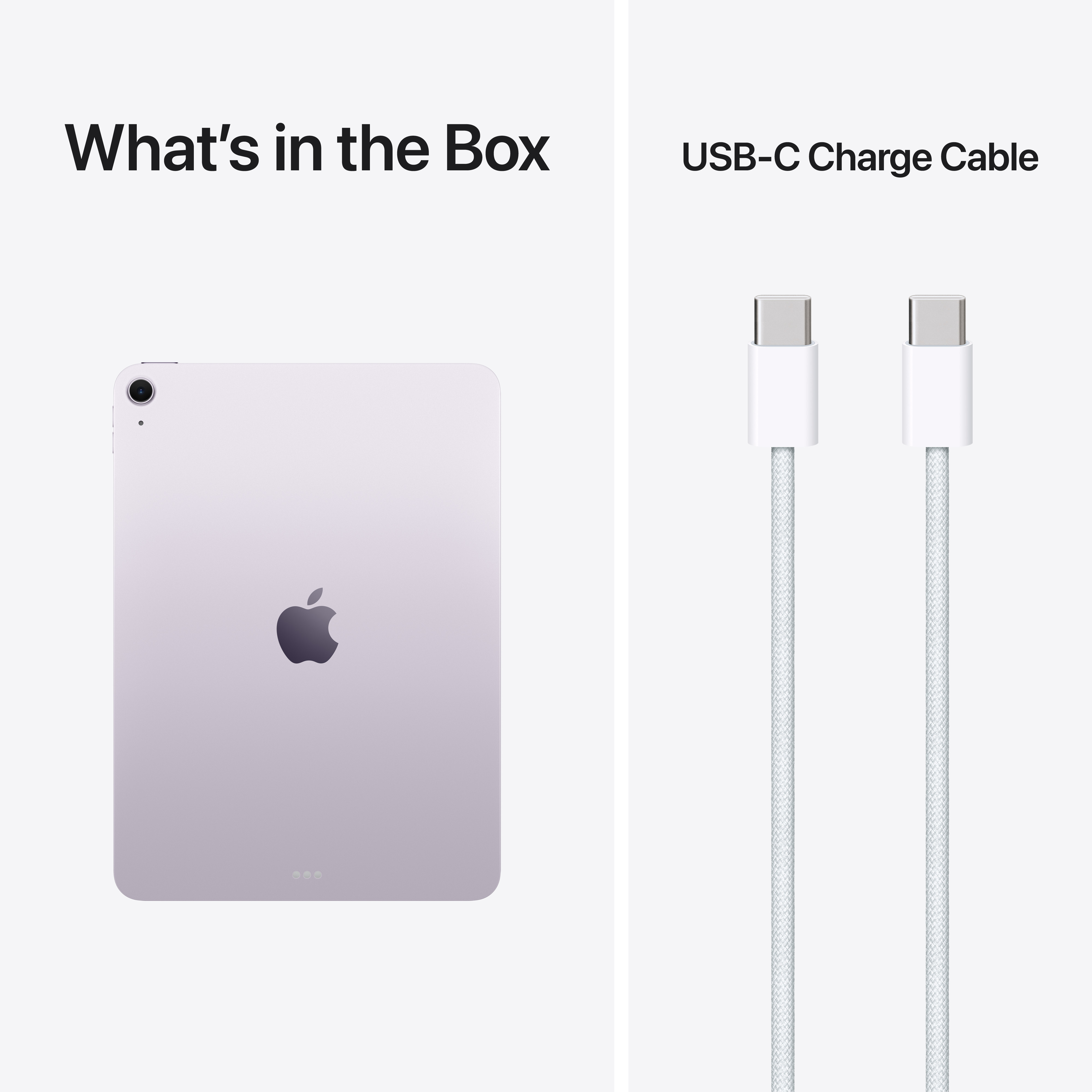Ein lila Tablet und zwei weiße USB-C-Kabel auf weißem Hintergrund.