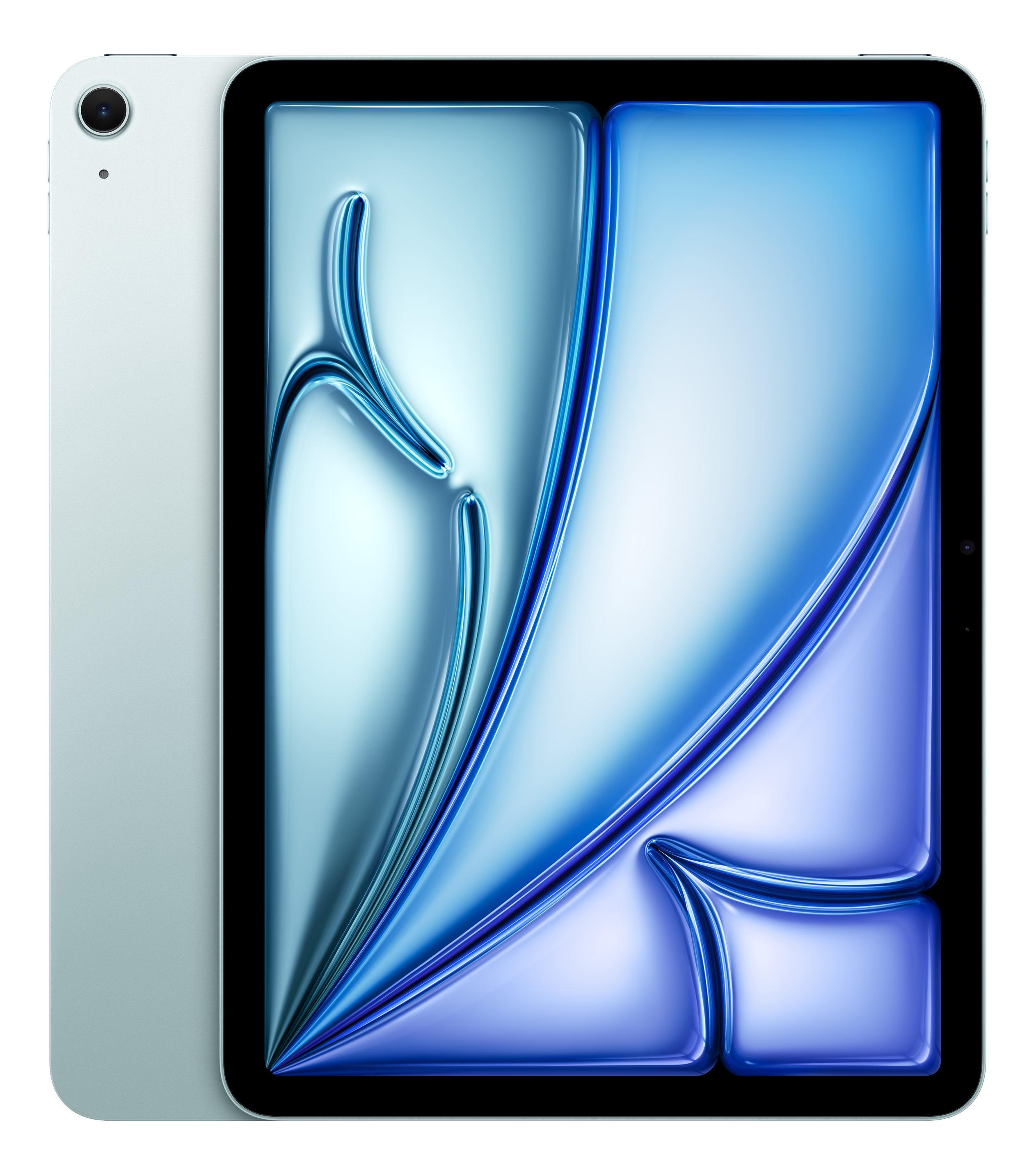 Ein hellblaues Tablet mit einem abstrakten blauen Design auf dem Bildschirm.