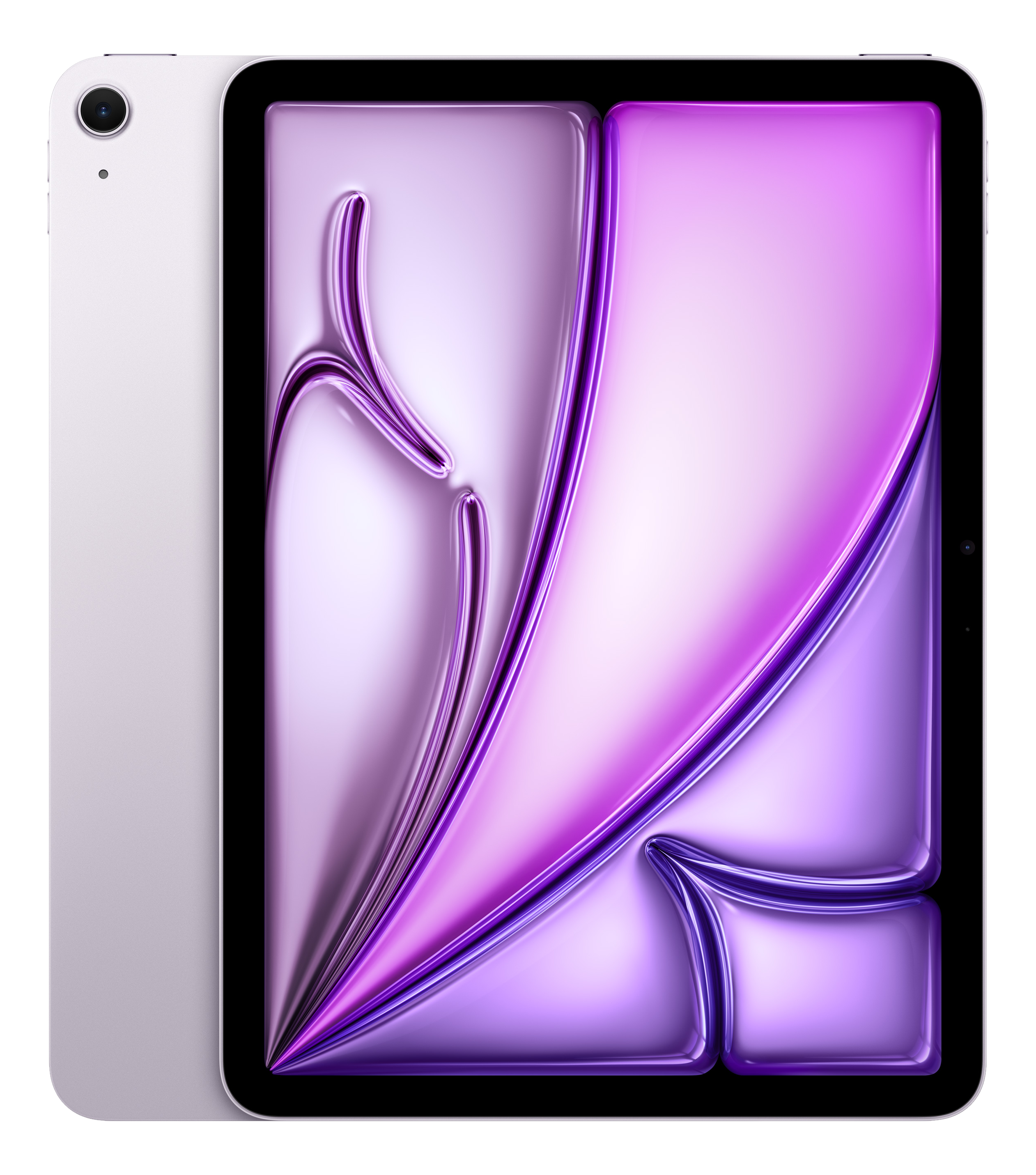 Un tablet argentato con un motivo astratto viola sullo schermo.