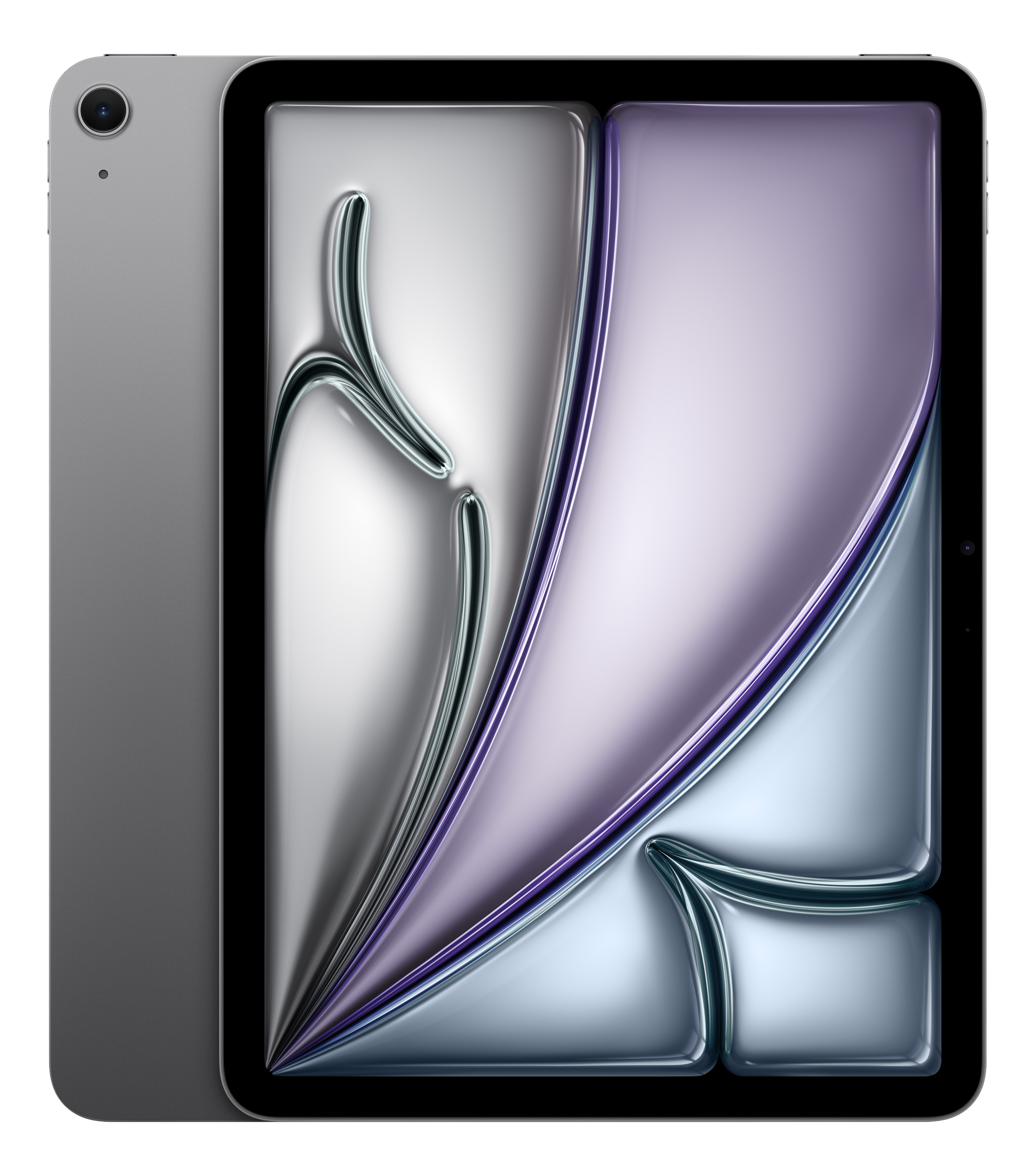 Graues Tablet mit abstraktem, glänzendem Hintergrund in Lila und Silber.