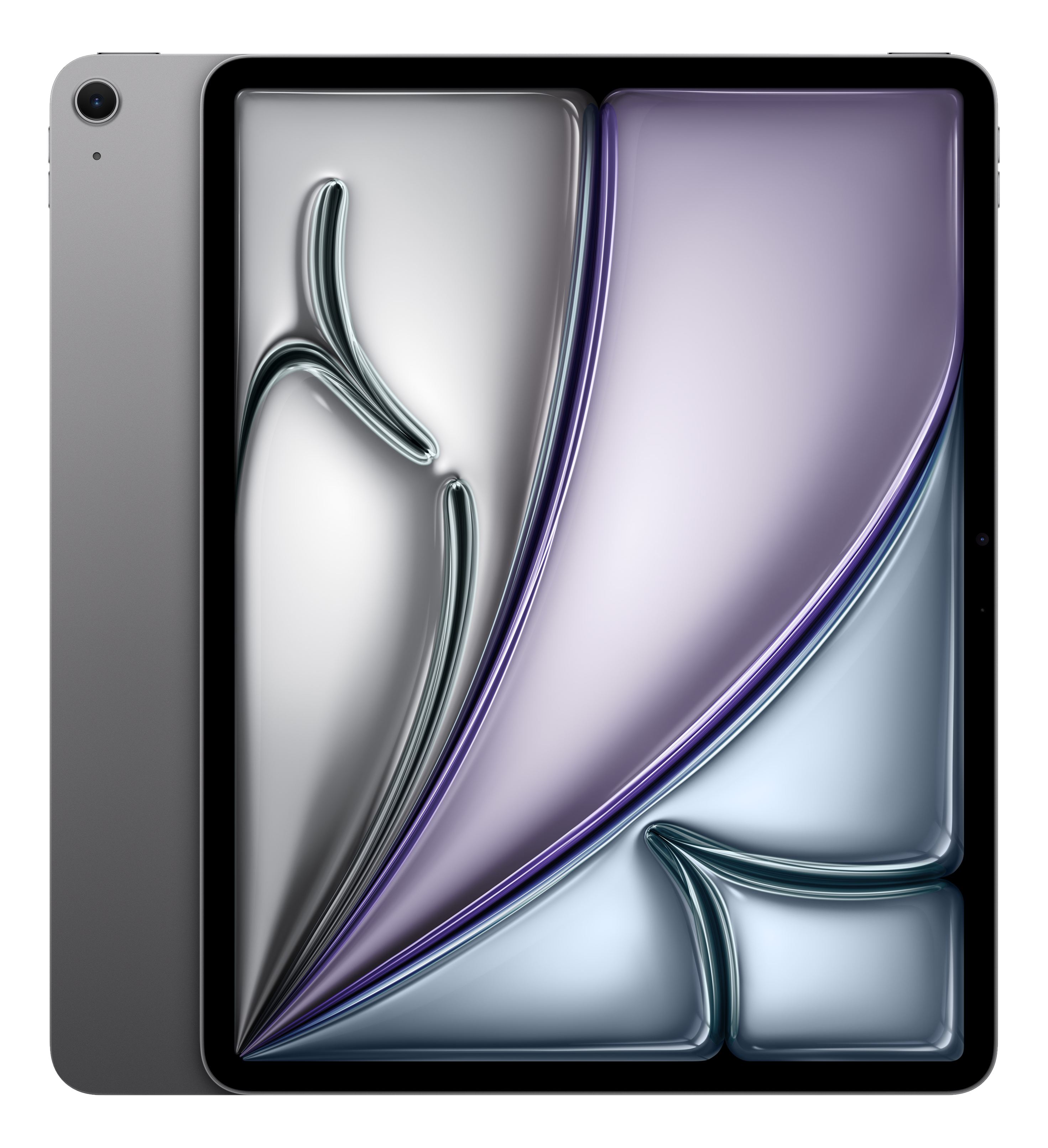 Ein silbernes Tablet mit einem abstrakten, glänzenden Design auf dem Bildschirm.