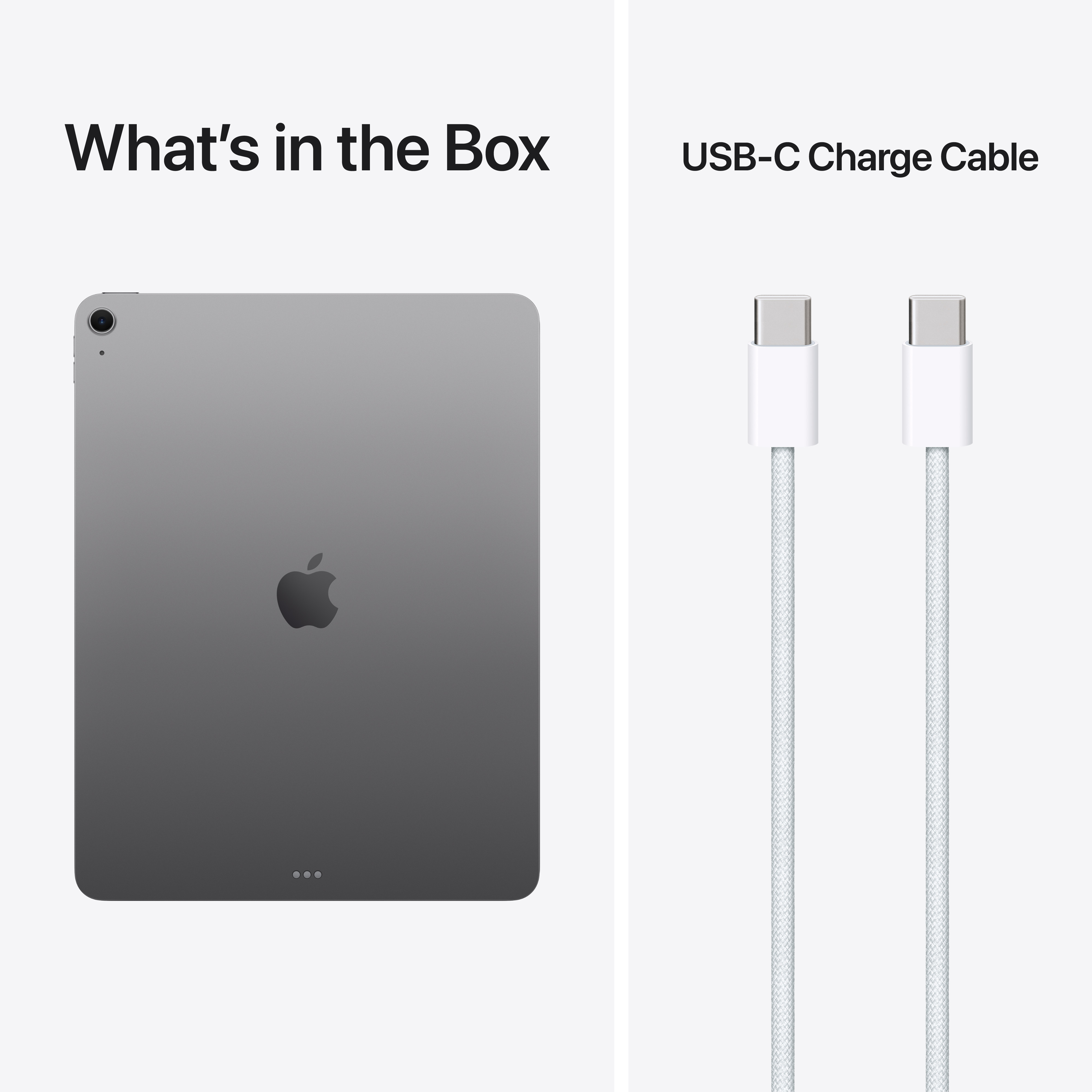 Graues Tablet mit Apple-Logo und zwei weißen USB-C-Kabeln.