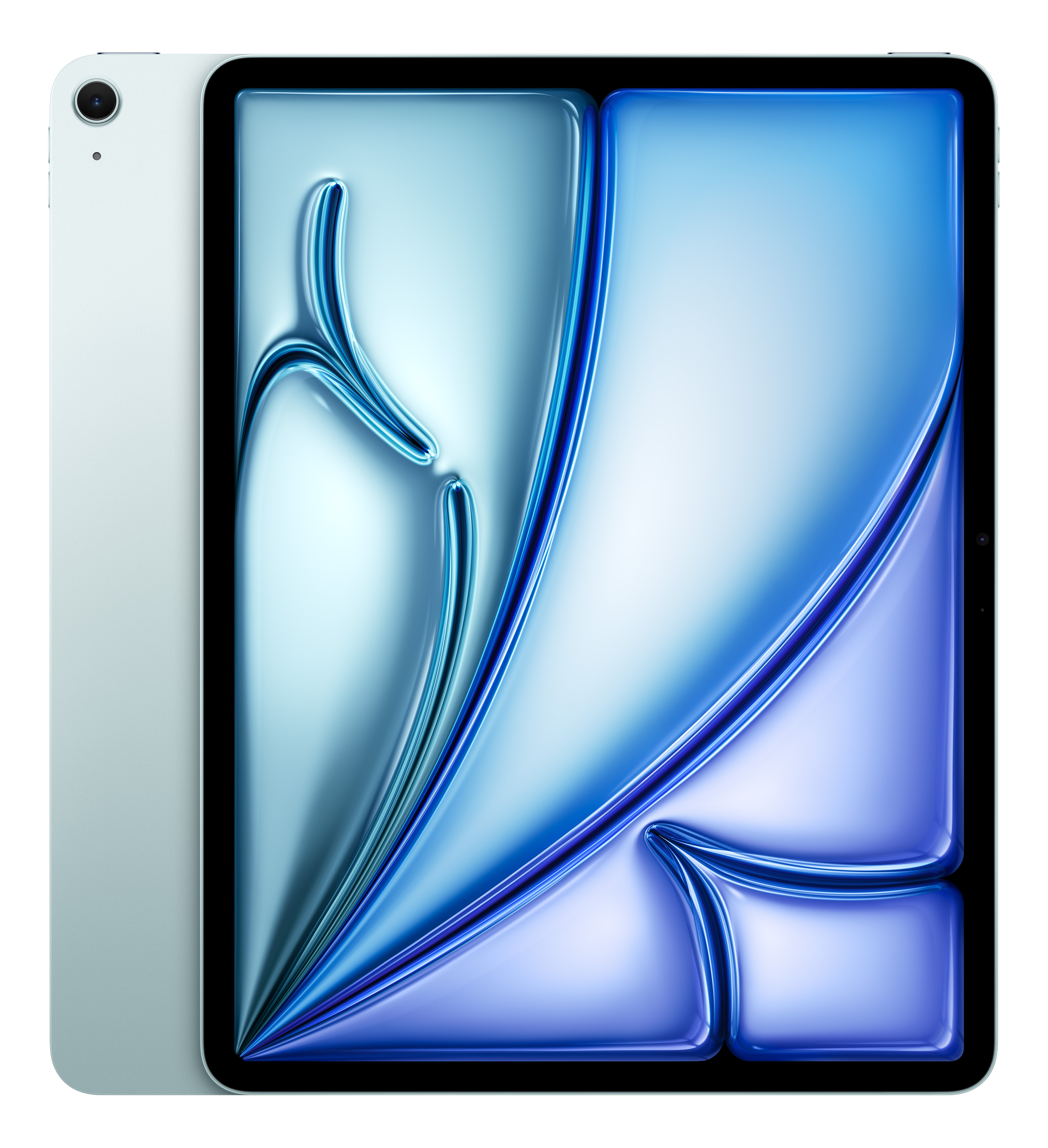 Ein hellblaues Tablet mit einer abstrakten, blauen Wellenmuster-Hintergrundgrafik.