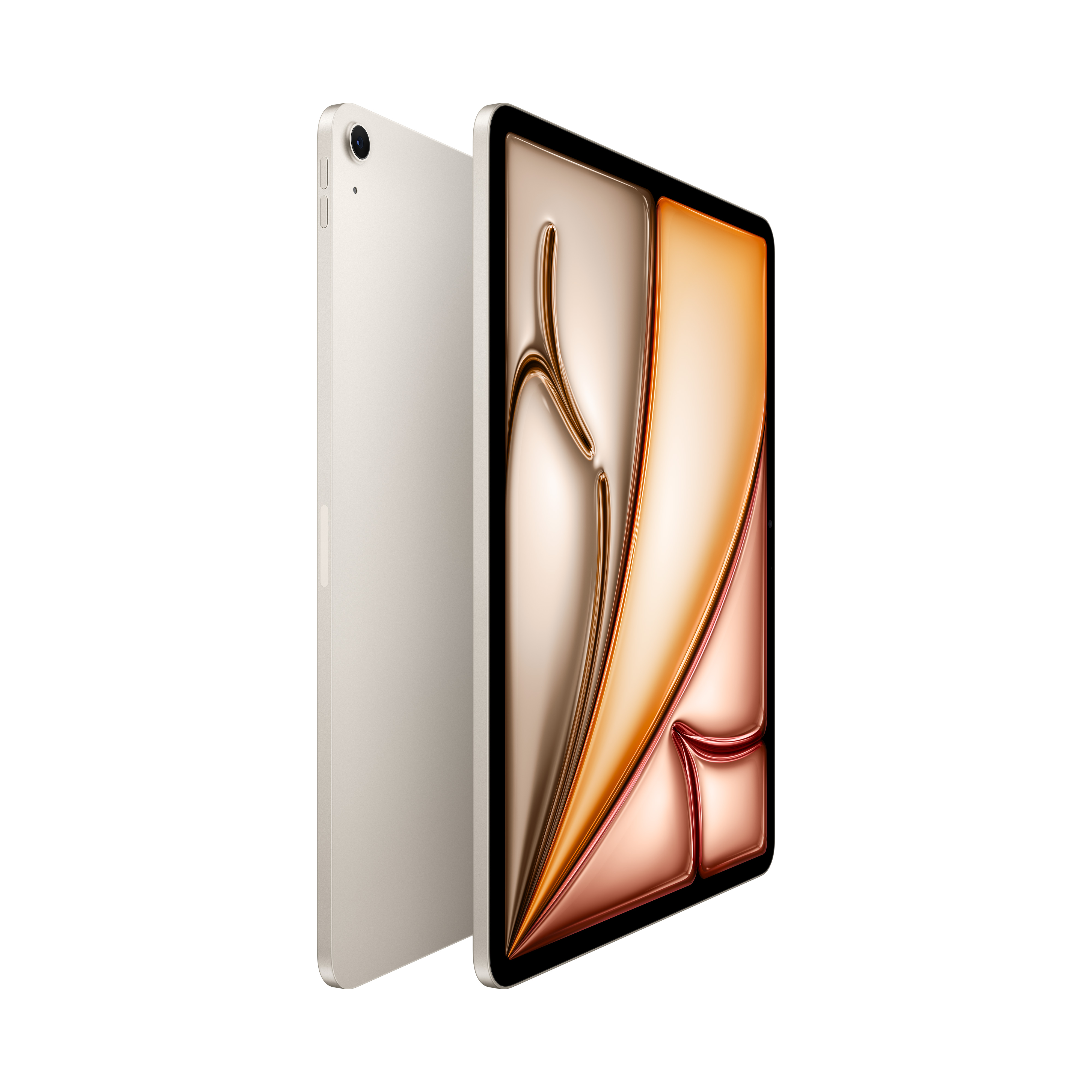 Un tablet grigio chiaro con bordi arrotondati e fotocamera posteriore, visto angolato.
