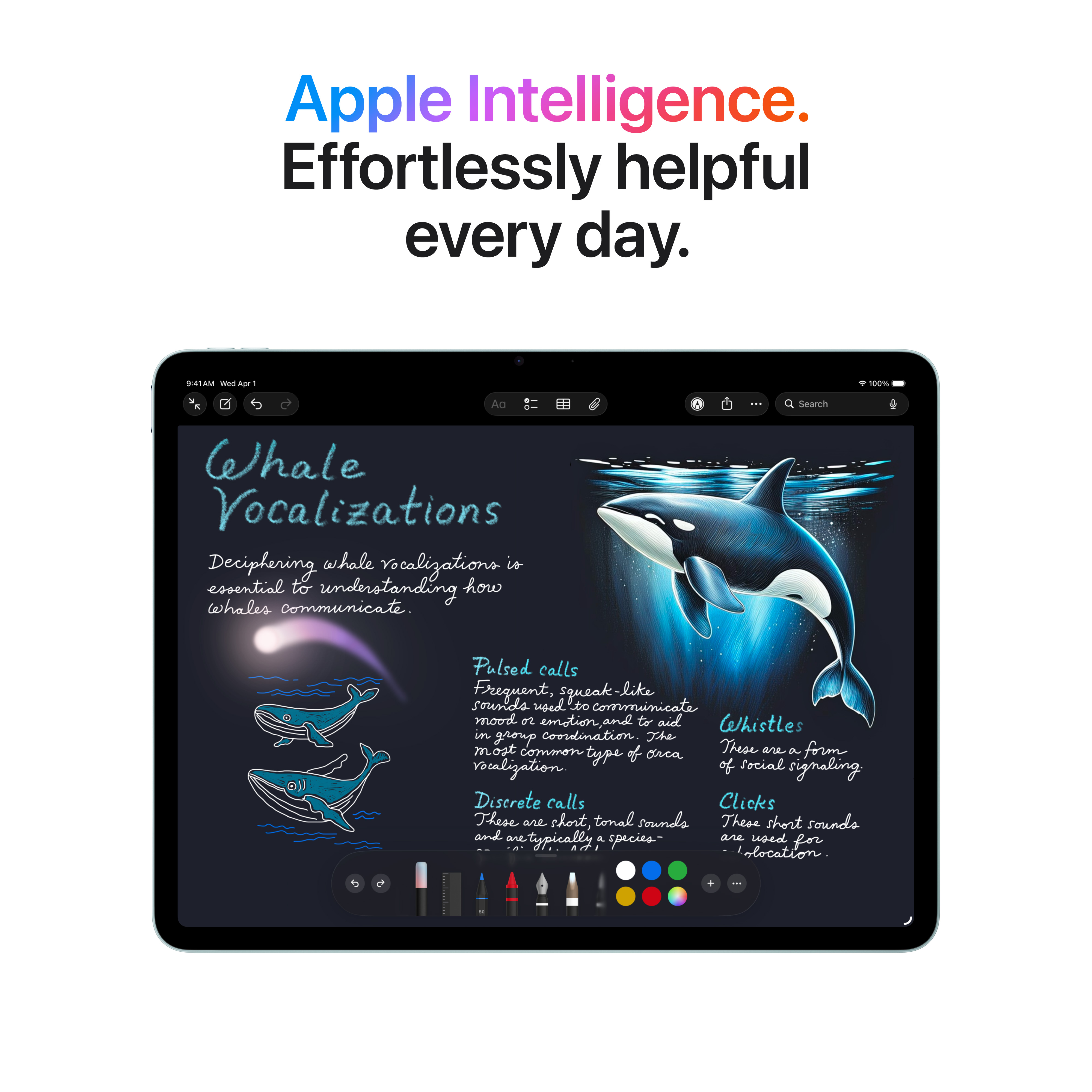 Un tablet mostra informazioni sulle vocalizzazioni delle balene con illustrazioni di un'orca e altre balene.